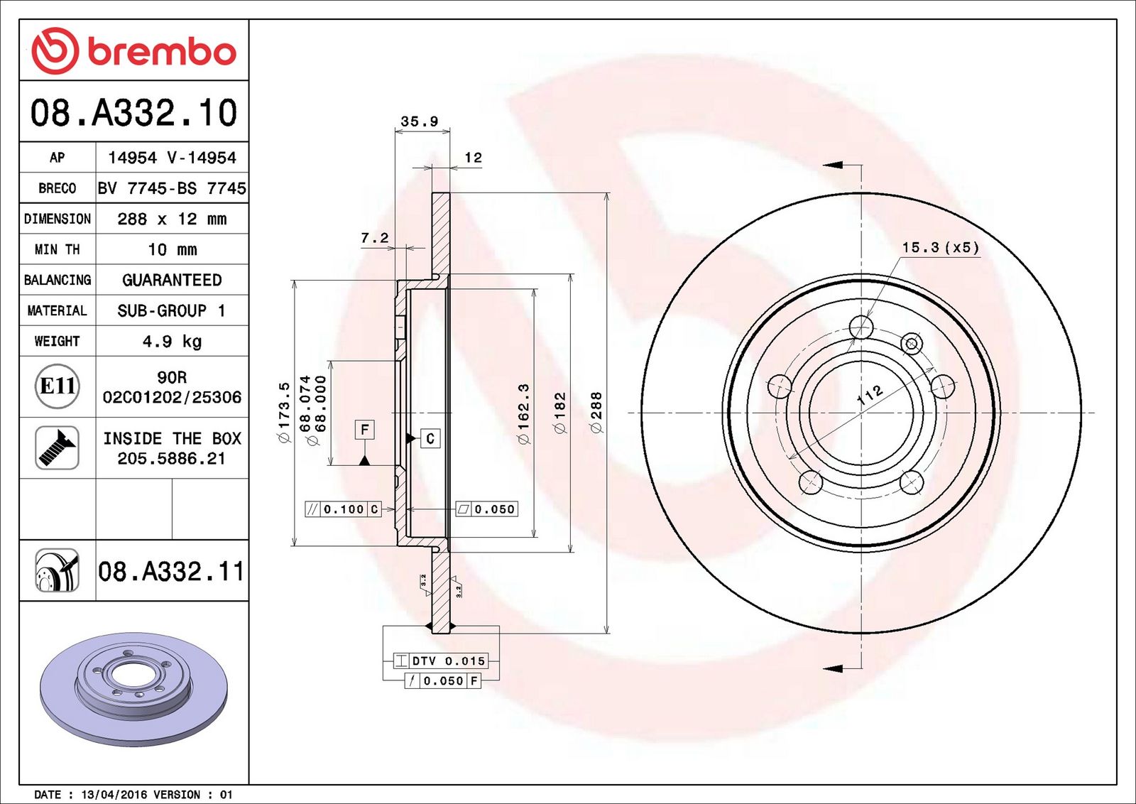 BREMBO 08.A332.11 - Bremsscheibe