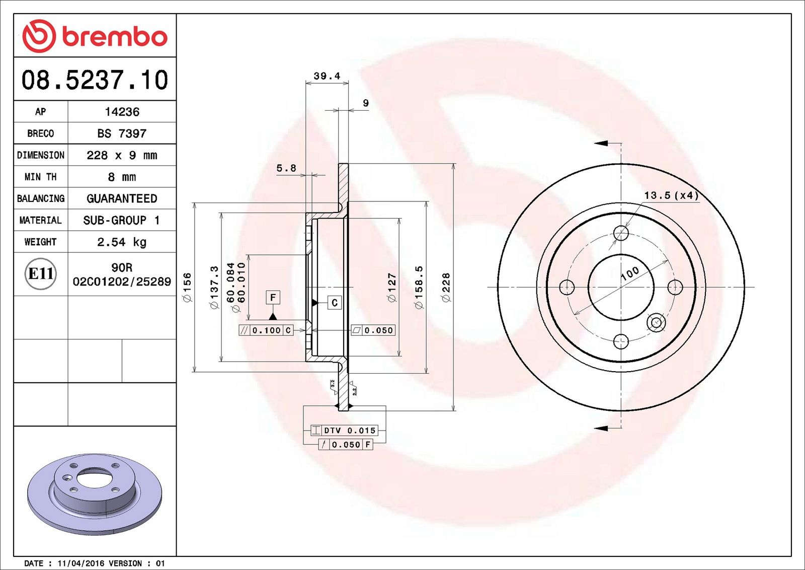 BREMBO 08.5237.10 - Bremsscheibe