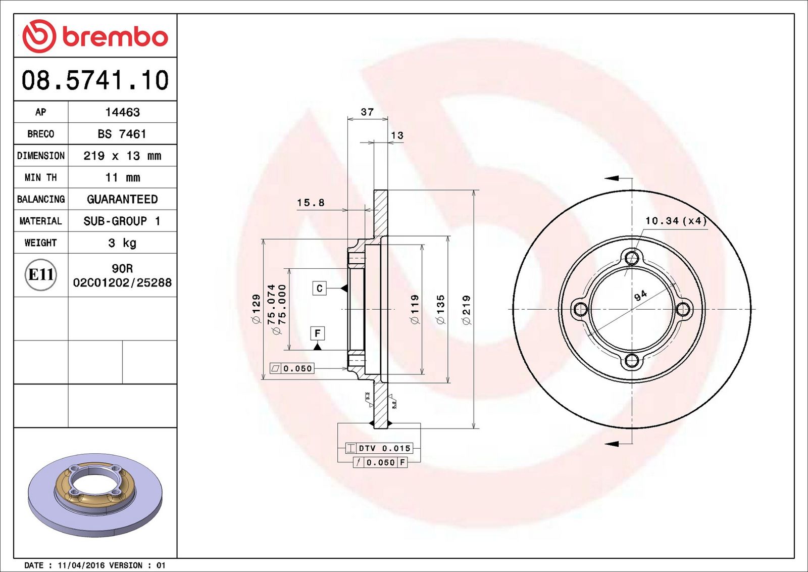 BREMBO 08.5741.10 - Bremsscheibe