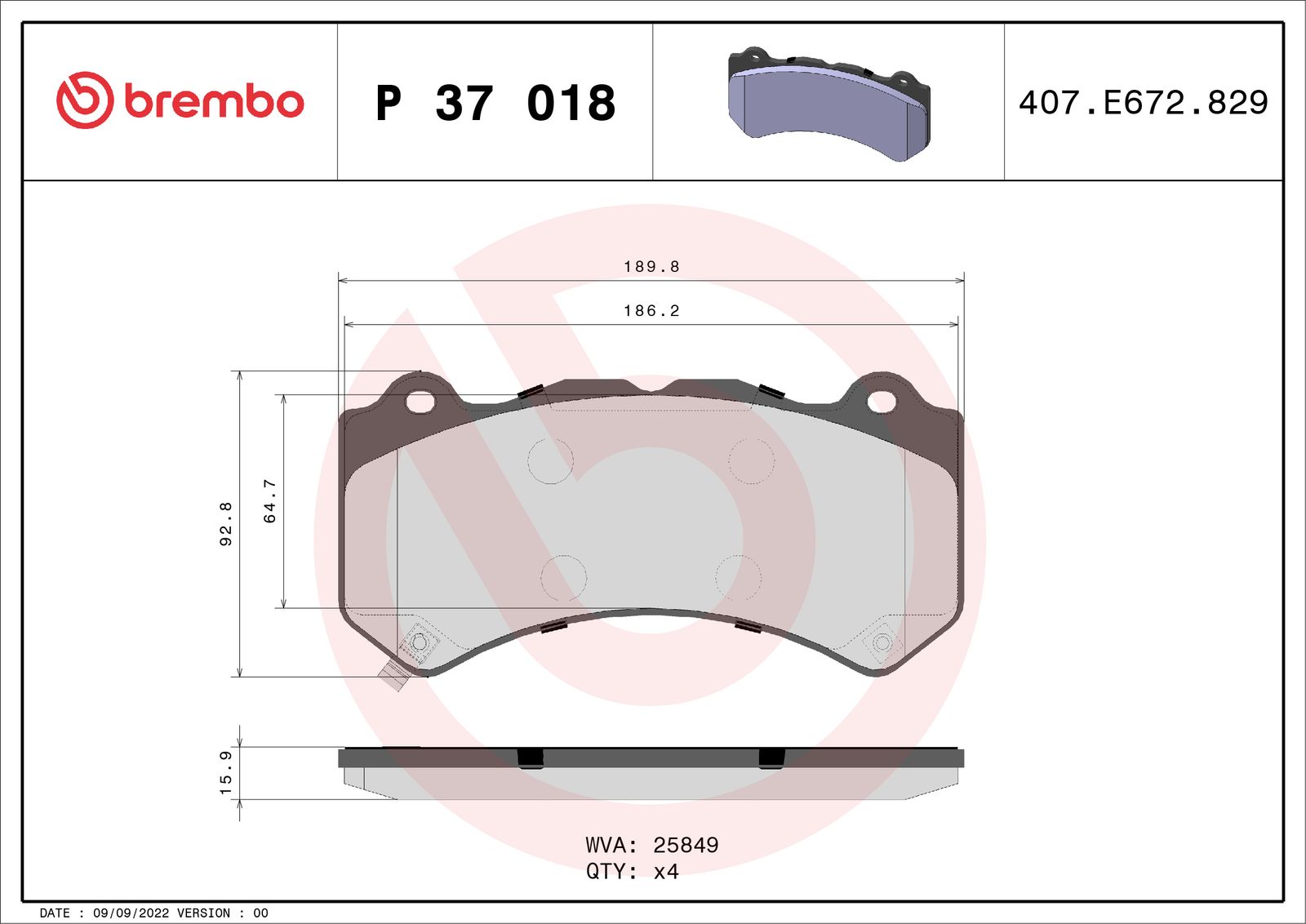 BREMBO P 37 018 - Bremsbelagsatz, Scheibenbremse