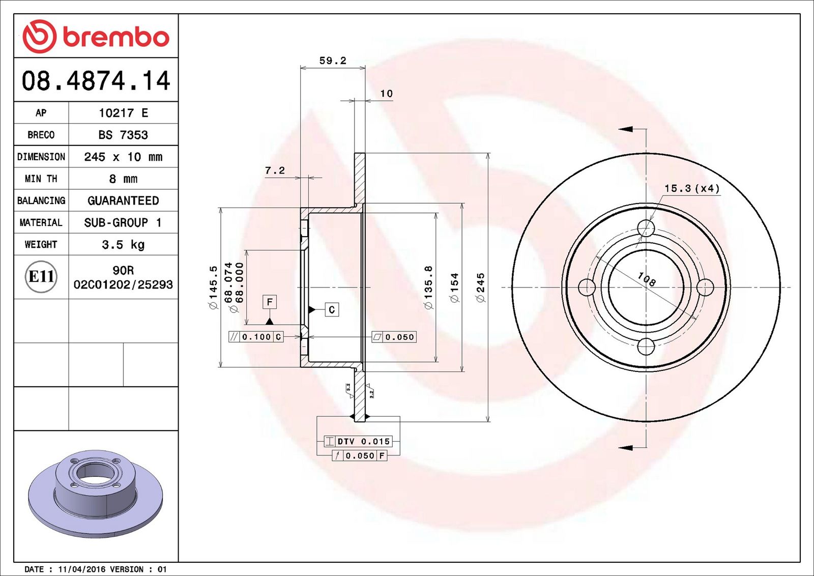 BREMBO 08.4874.14 - Bremsscheibe