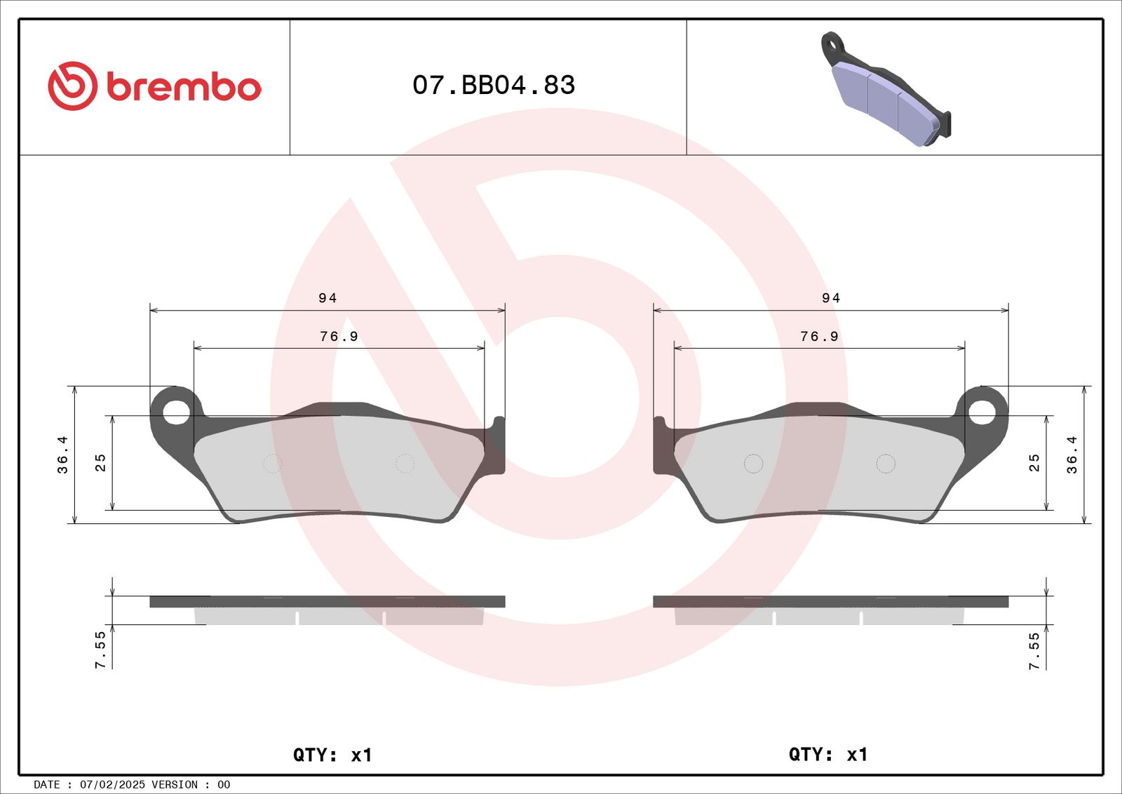 BREMBO 07BB0483 - Bremsbelagsatz, Scheibenbremse