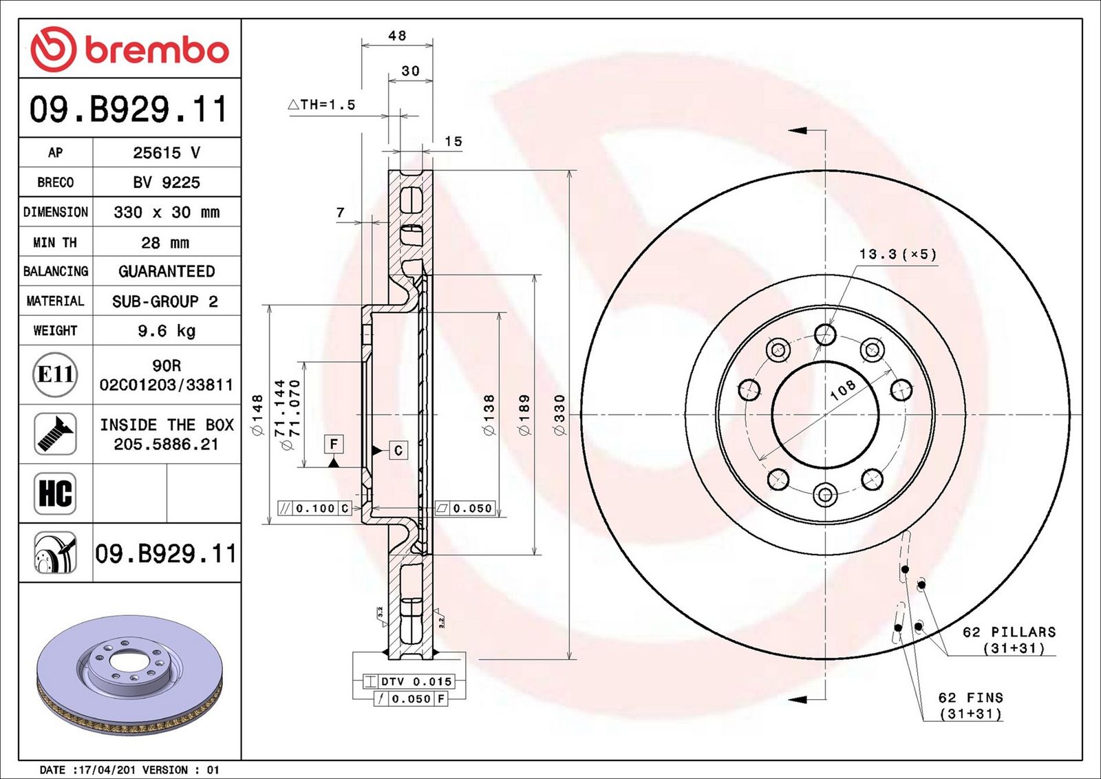 BREMBO 09.B929.11 - Bremsscheibe