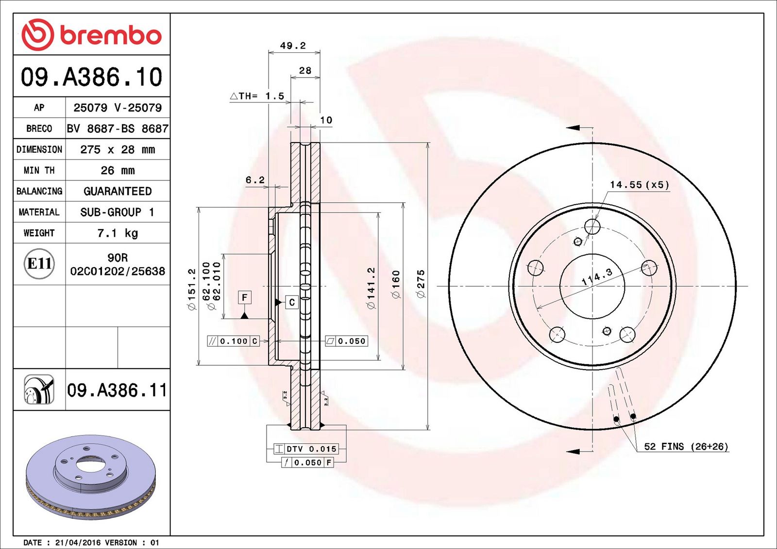 BREMBO 09.A386.11 - Bremsscheibe