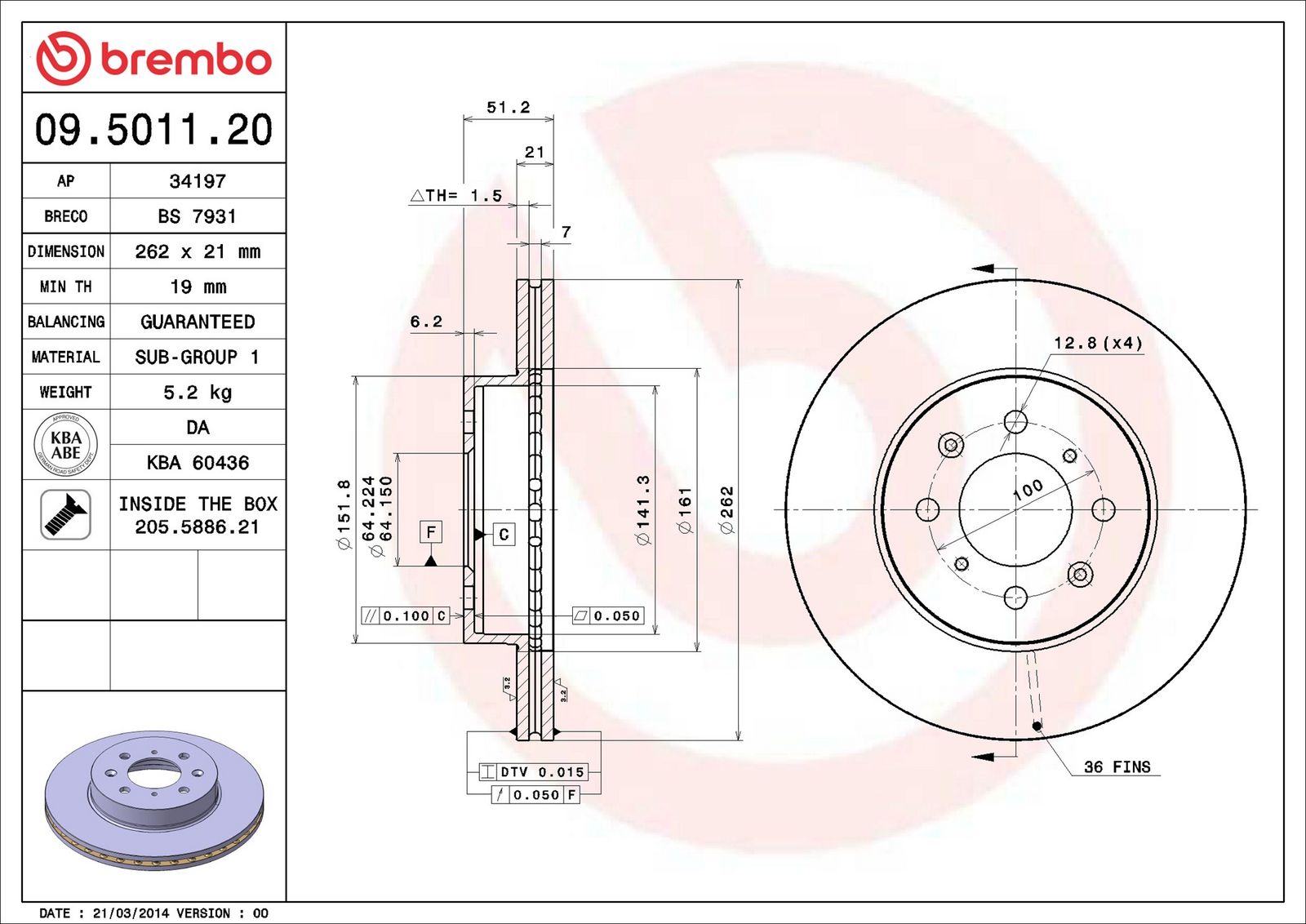 BREMBO 09.5011.20 - Bremsscheibe