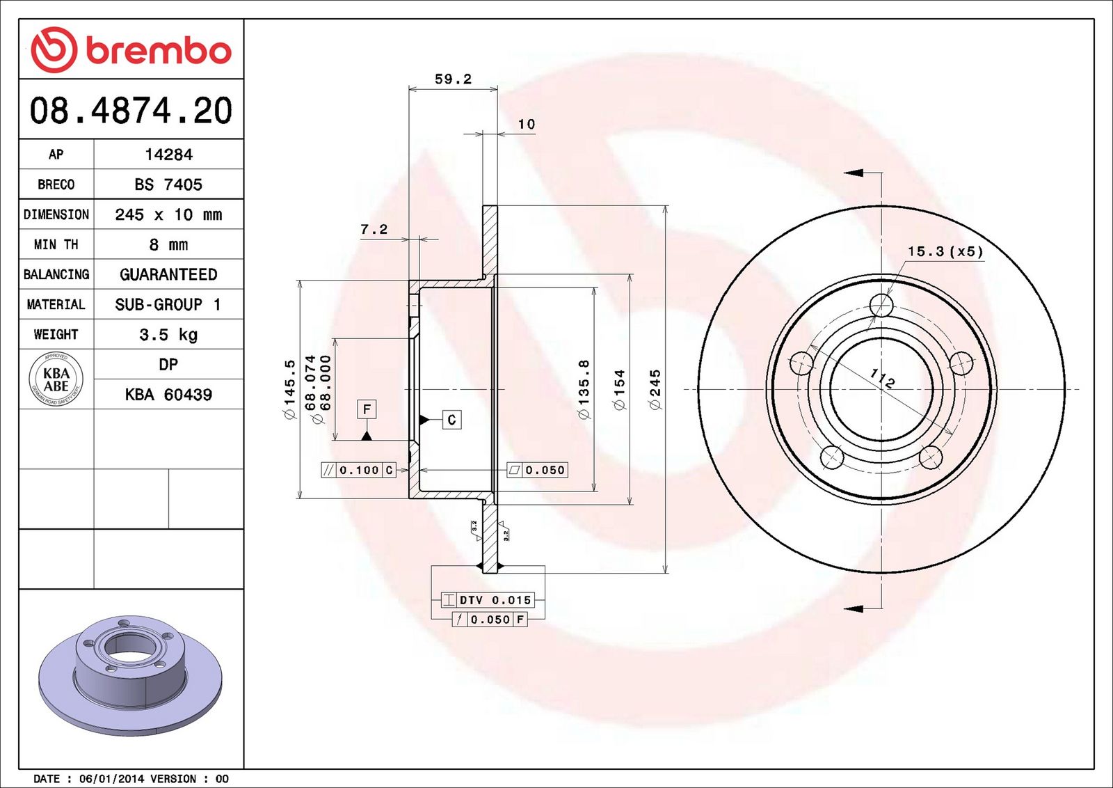BREMBO 08.4874.20 - Bremsscheibe