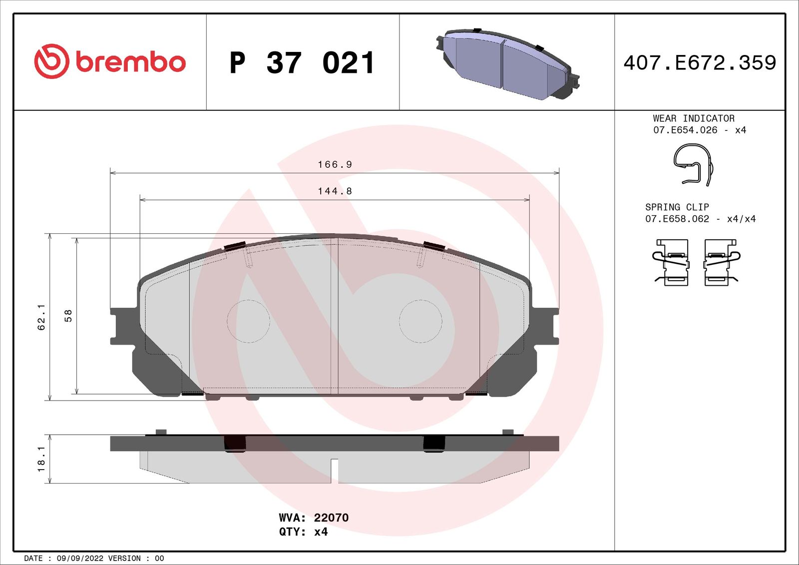 BREMBO P 37 021 - Bremsbelagsatz, Scheibenbremse