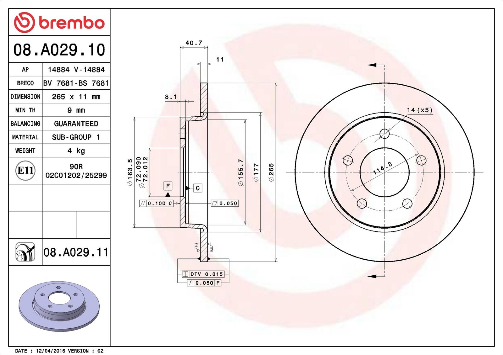 BREMBO 08.A029.11 - Bremsscheibe