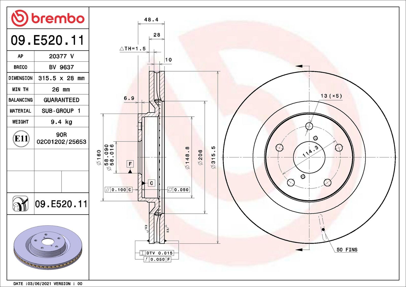 BREMBO 09.E520.11 - Bremsscheibe