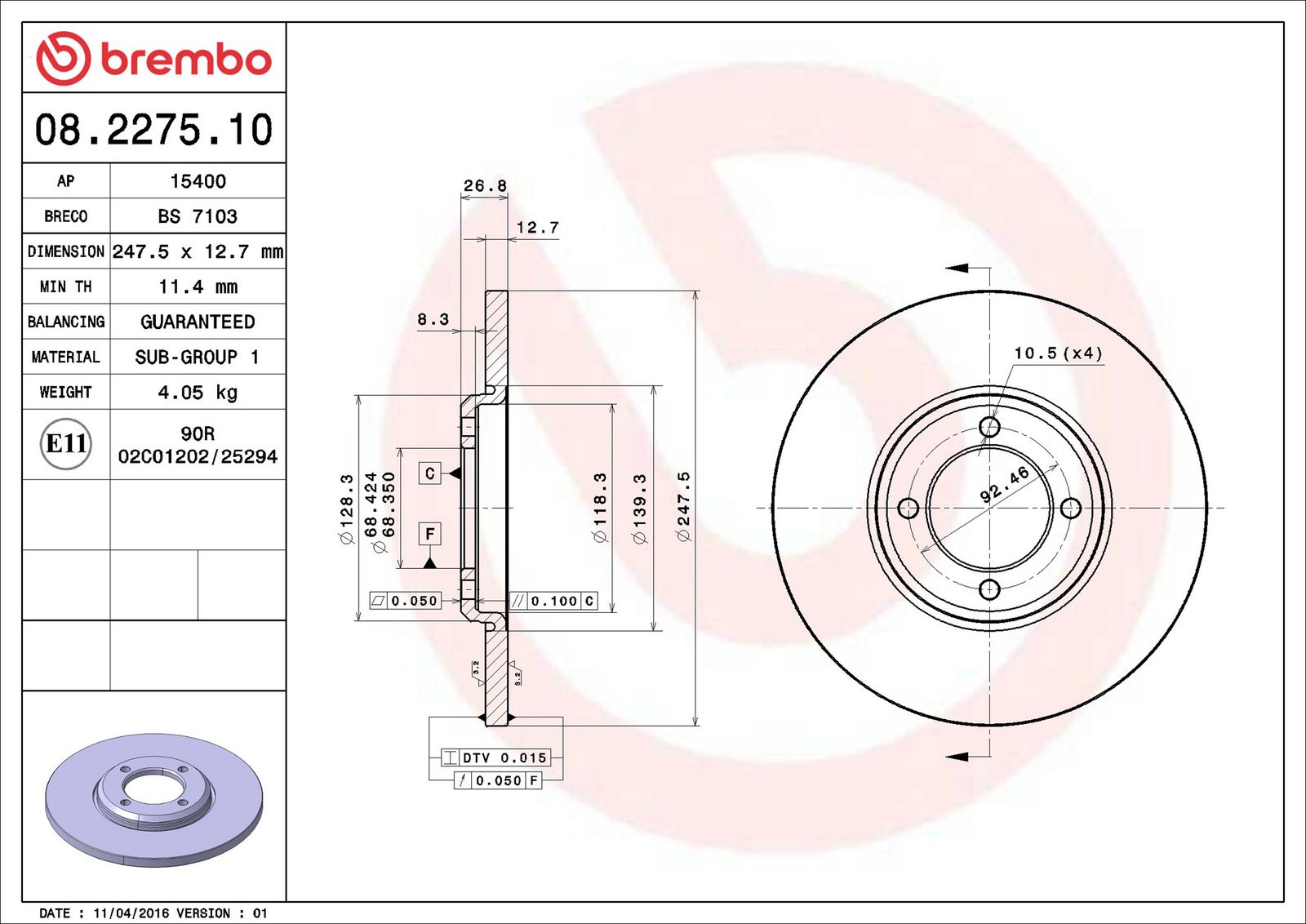 BREMBO 08.2275.10 - Bremsscheibe