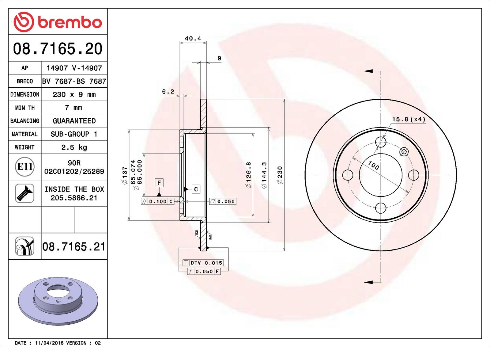BREMBO 08.7165.21 - Bremsscheibe