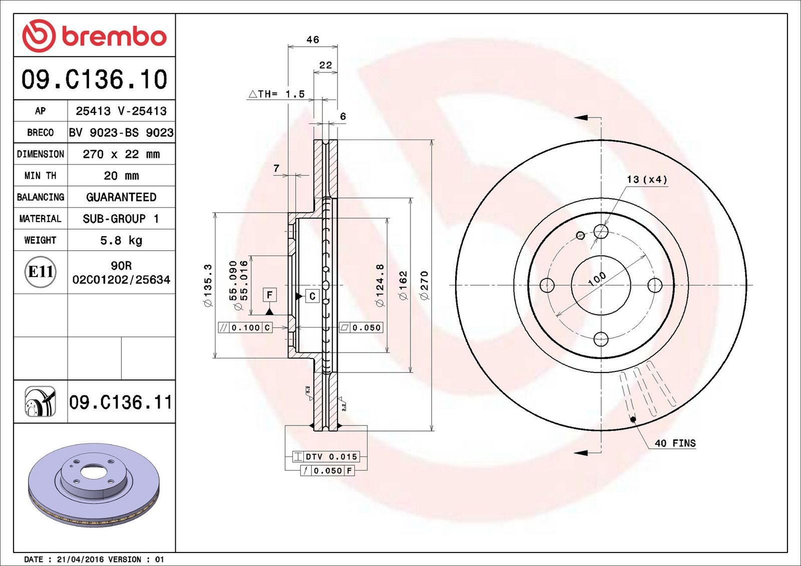 BREMBO 09.C136.11 - Bremsscheibe