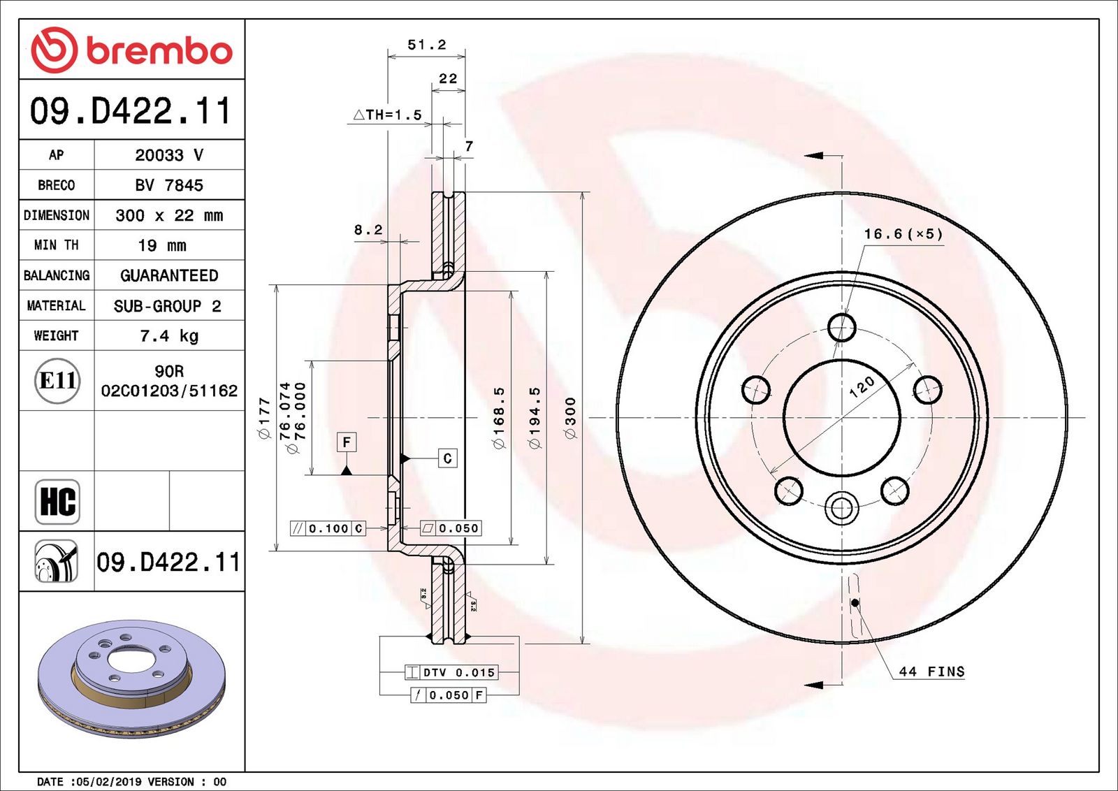 BREMBO 09.D422.11 - Bremsscheibe