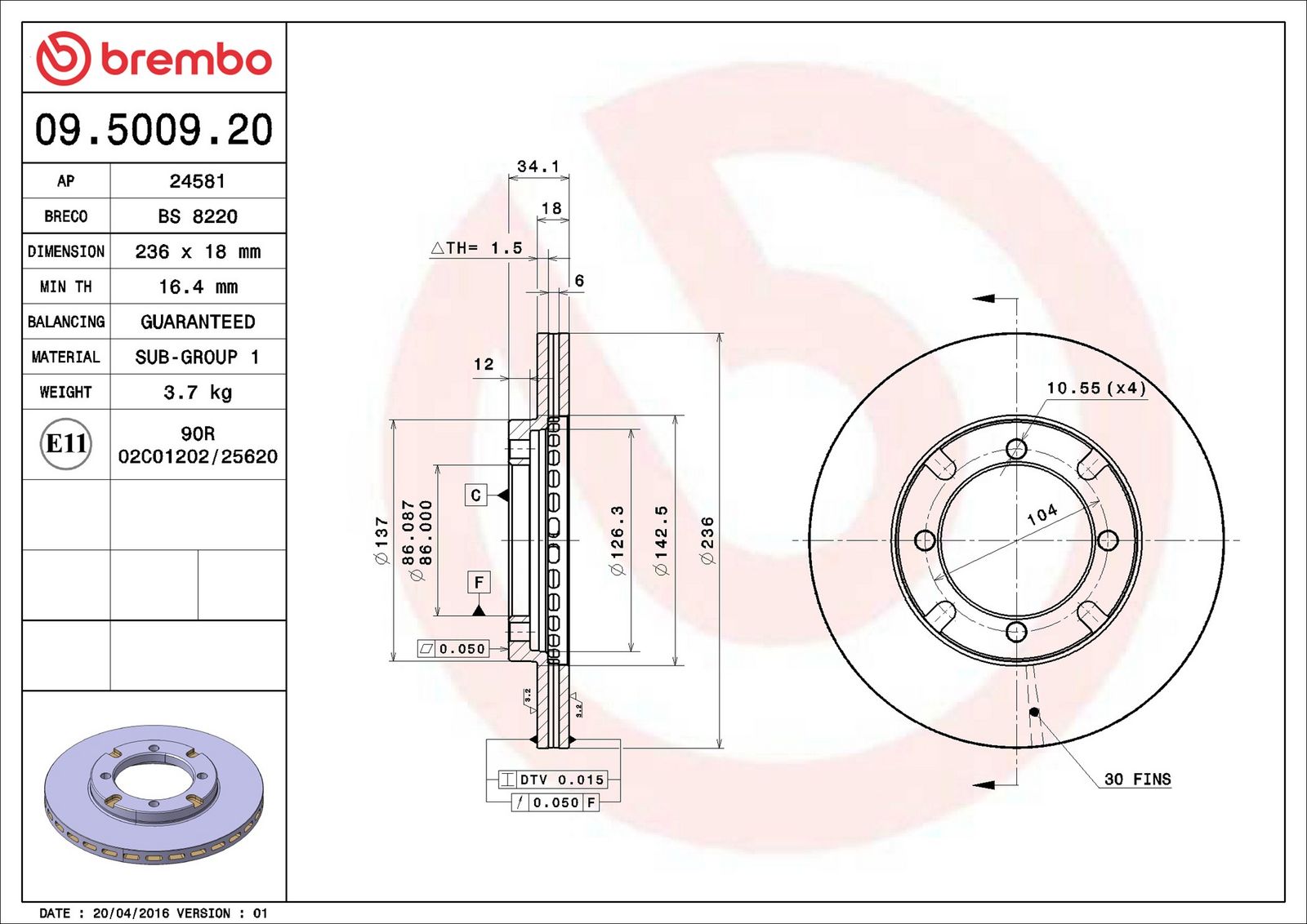 BREMBO 09.5009.20 - Bremsscheibe