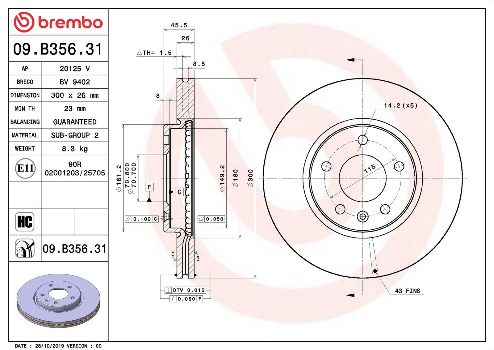 BREMBO 09.B356.31 - Bremsscheibe