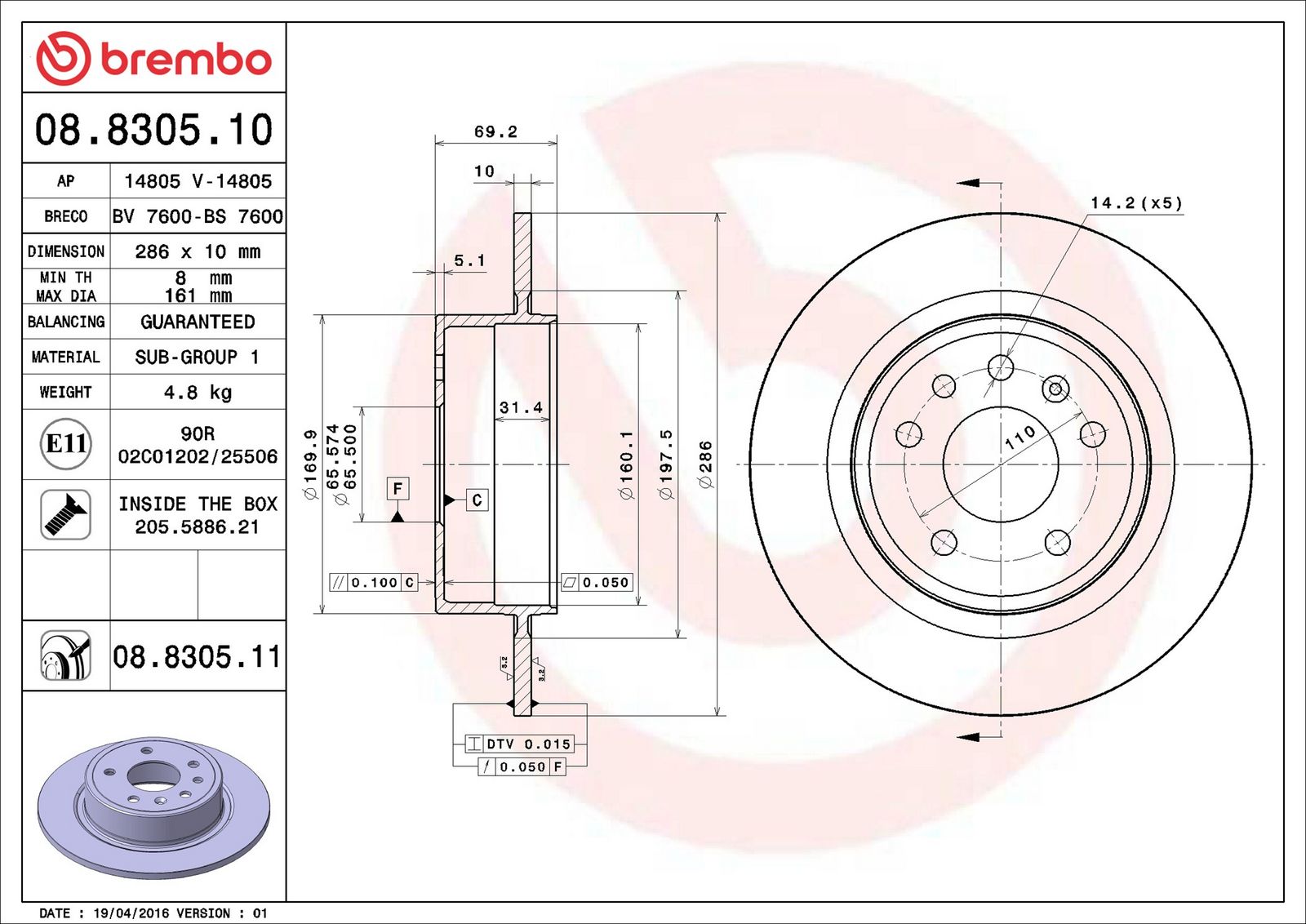 BREMBO 08.8305.11 - Bremsscheibe