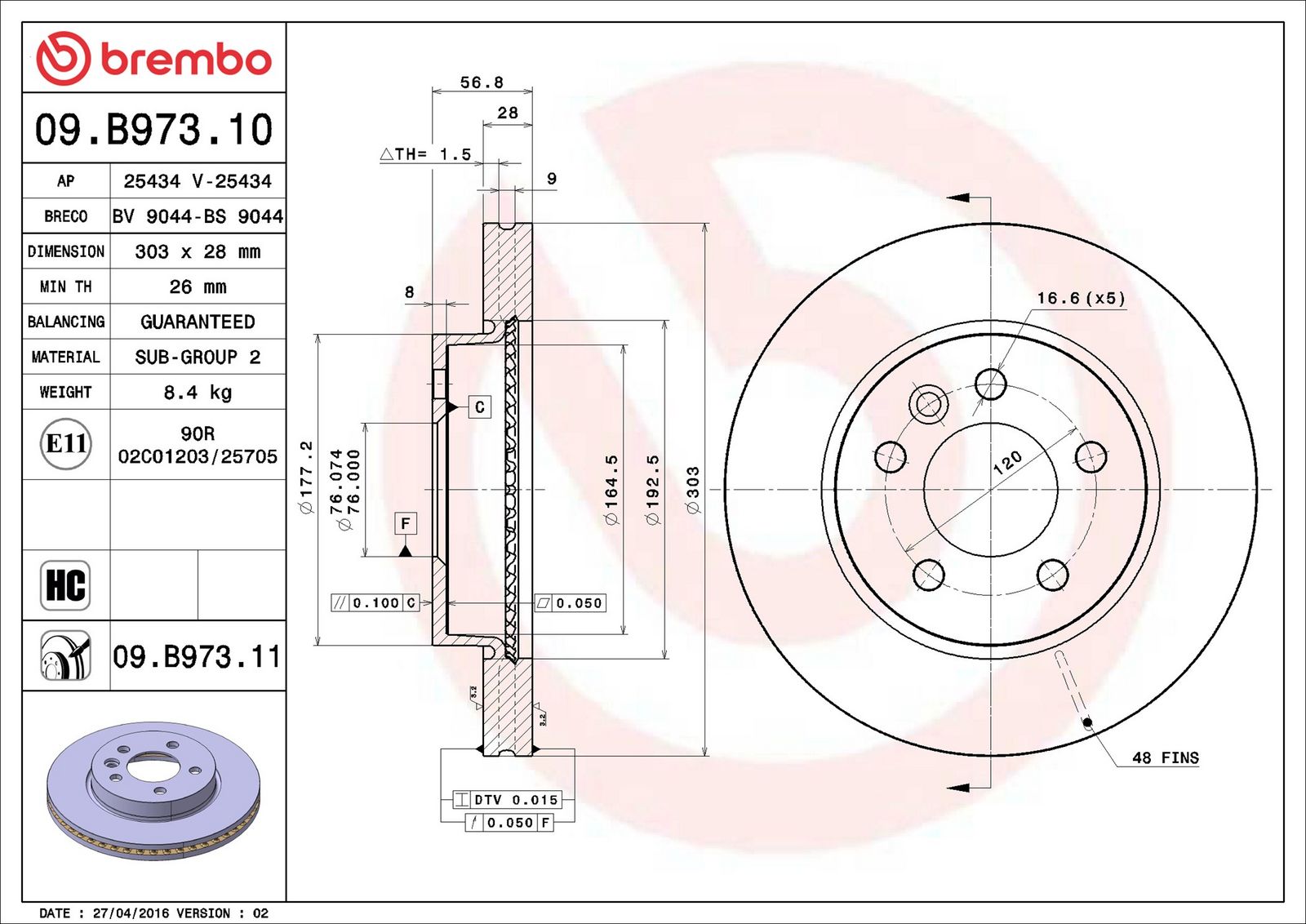 BREMBO 09.B973.11 - Bremsscheibe