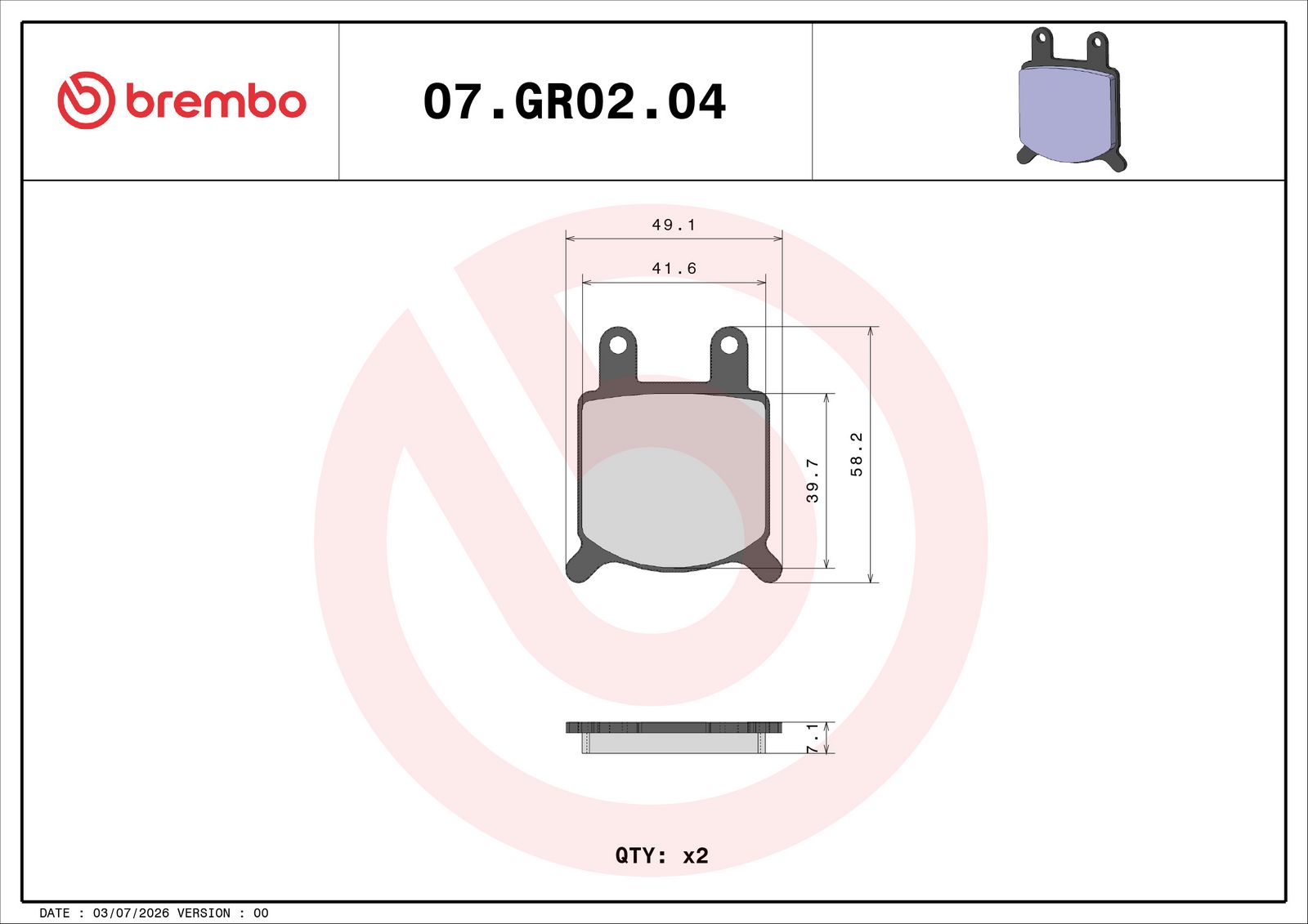 BREMBO 07GR0204 - Bremsbelagsatz, Scheibenbremse