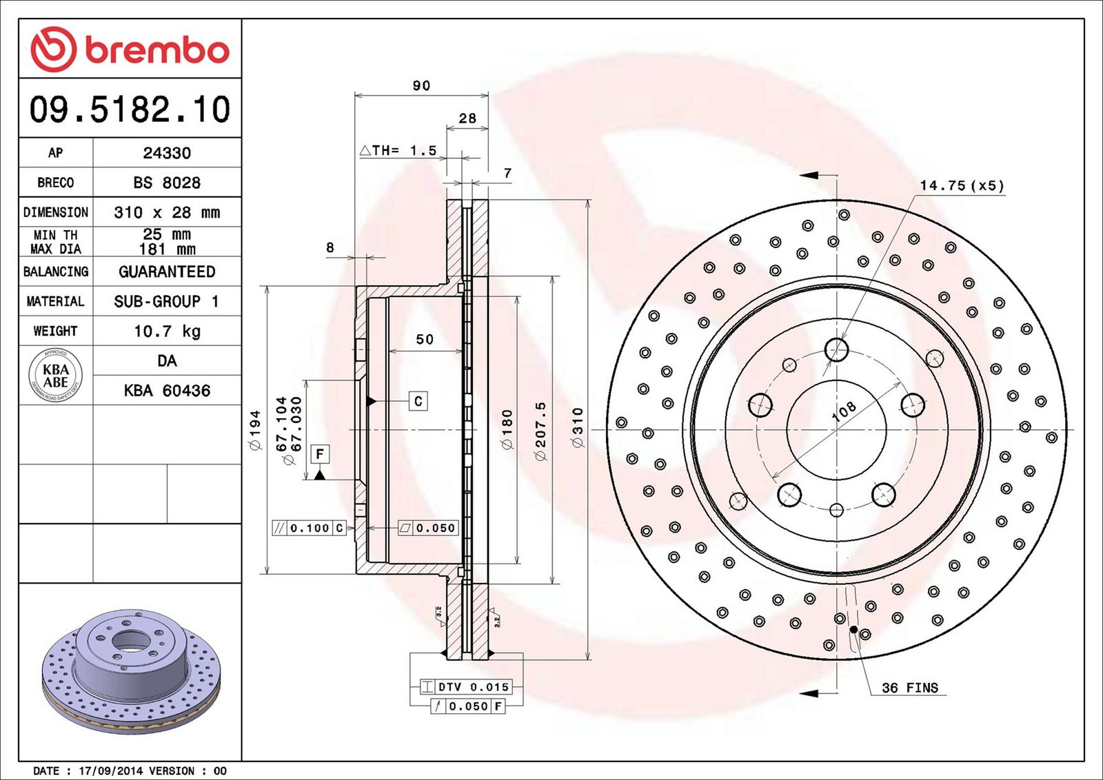 BREMBO 09.5182.10 - Bremsscheibe