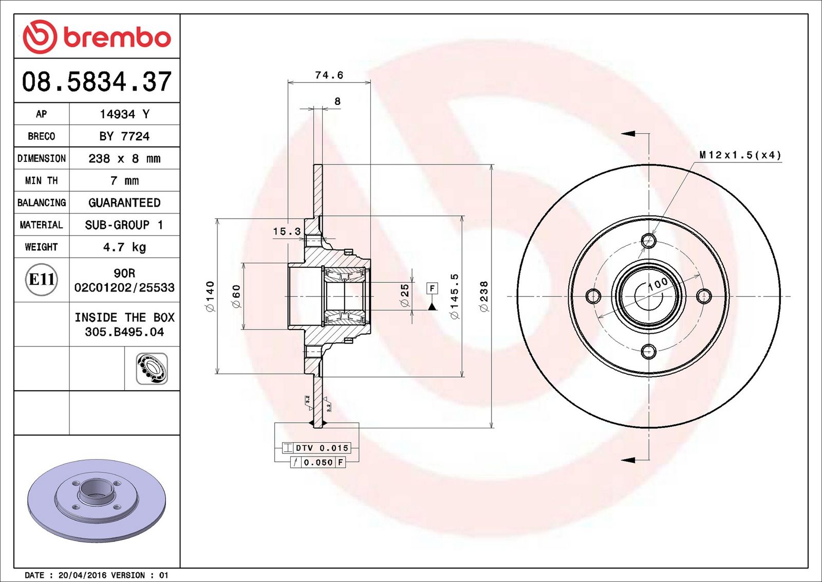 BREMBO 08.5834.37 - Bremsscheibe