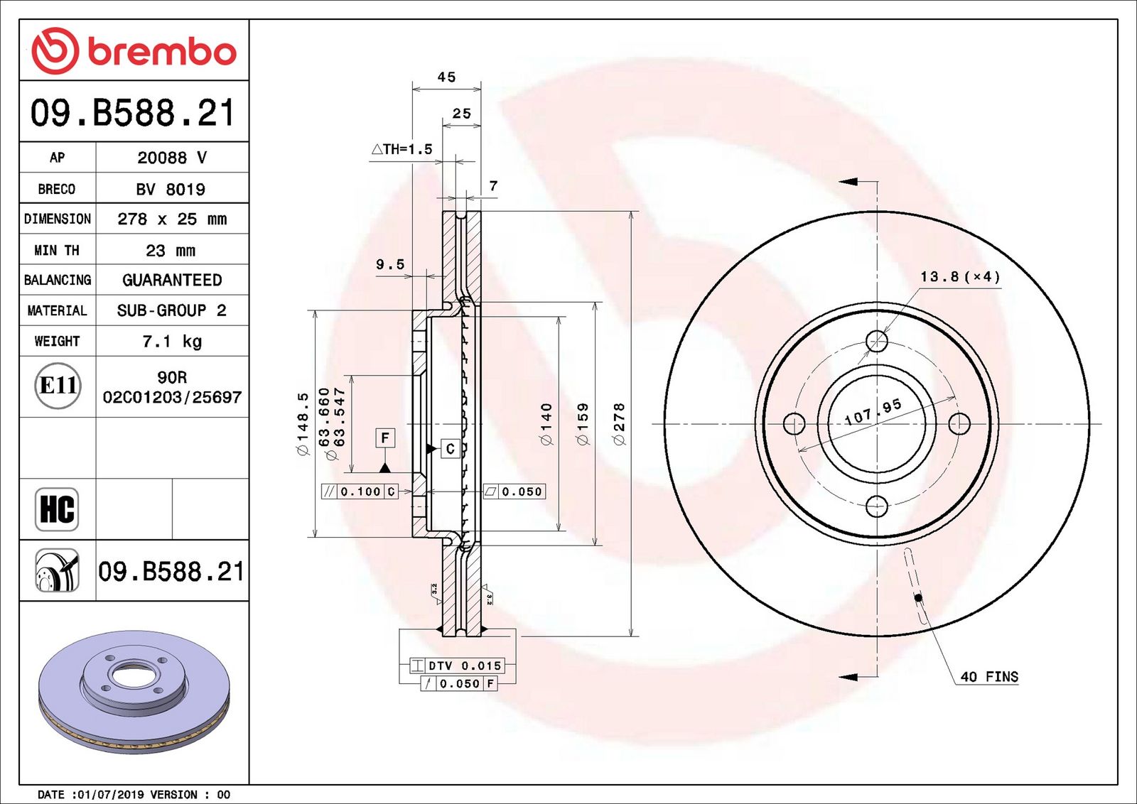 BREMBO 09.B588.21 - Bremsscheibe