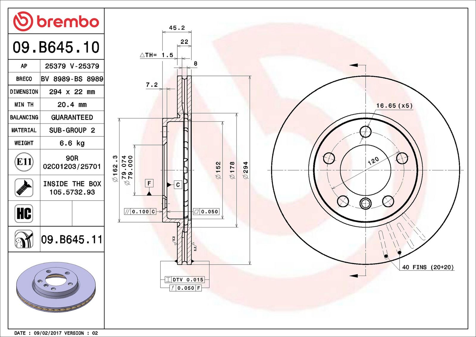 BREMBO 09.B645.11 - Bremsscheibe