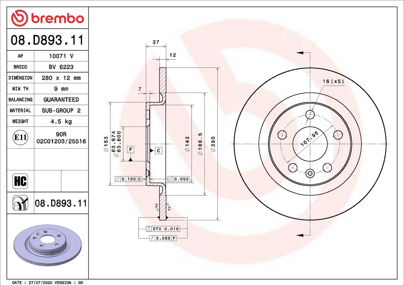 BREMBO 08.D893.11 - Bremsscheibe