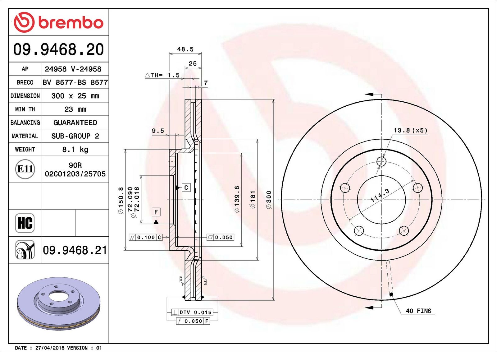 BREMBO 09.9468.21 - Bremsscheibe