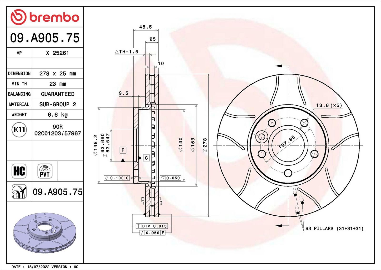 BREMBO 09.A905.75 - Bremsscheibe