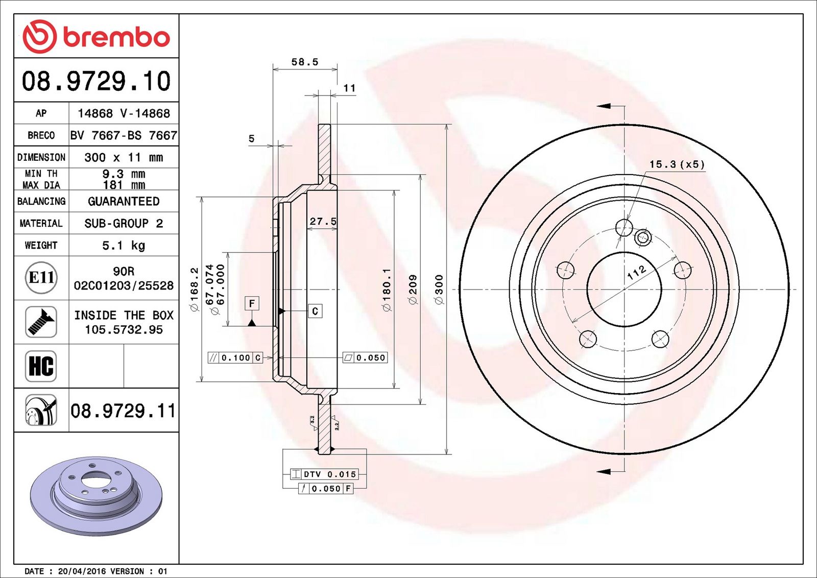 BREMBO 08.9729.11 - Bremsscheibe