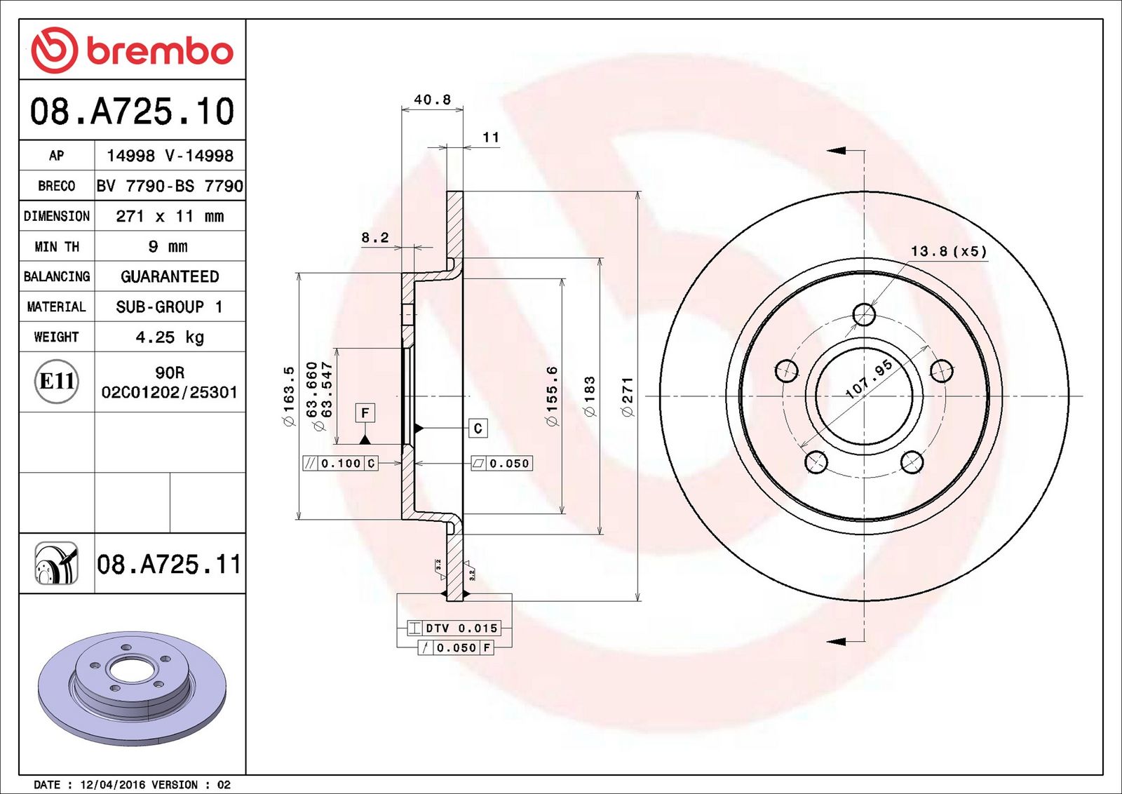 BREMBO 08.A725.11 - Bremsscheibe
