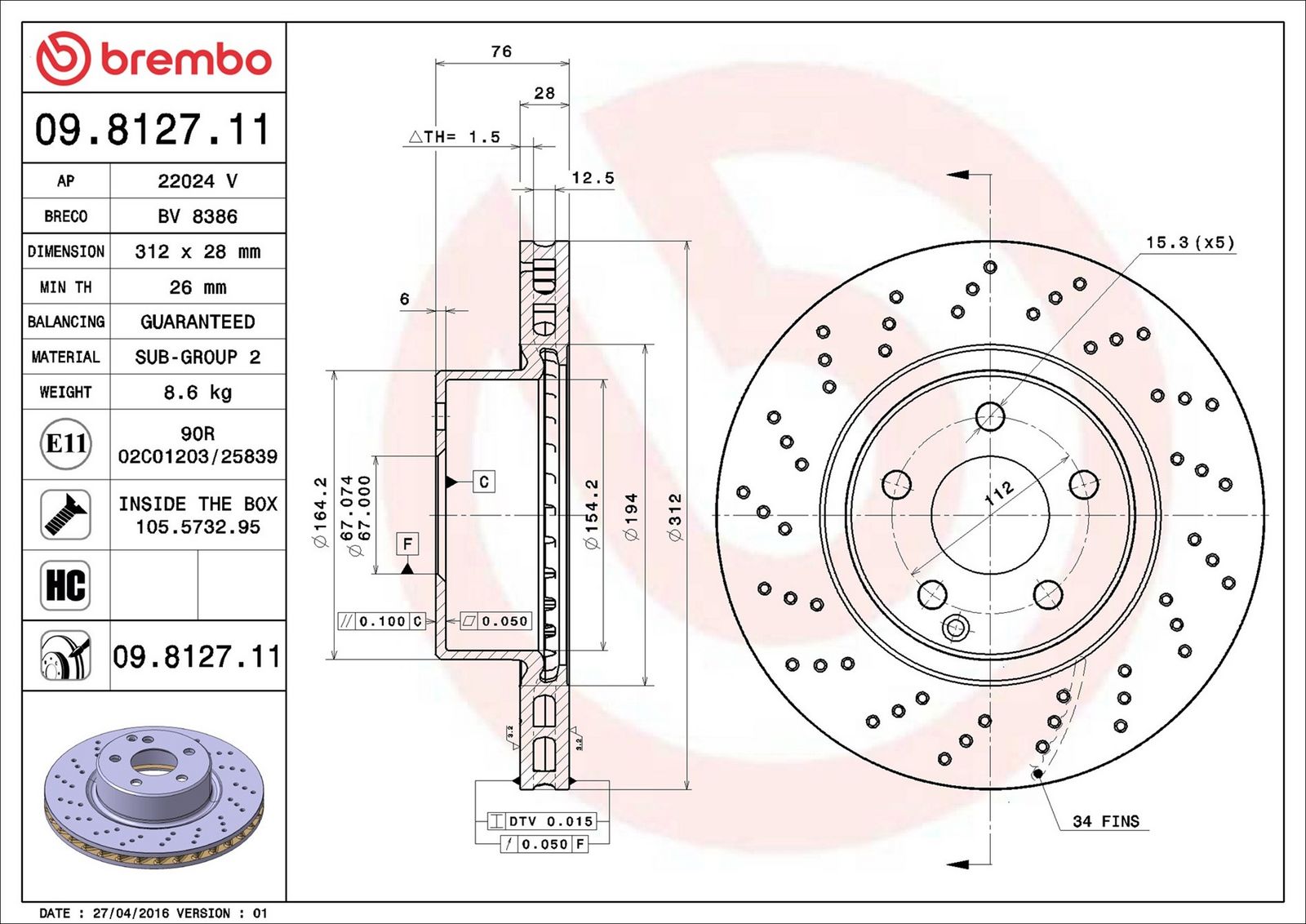 BREMBO 09.8127.11 - Bremsscheibe