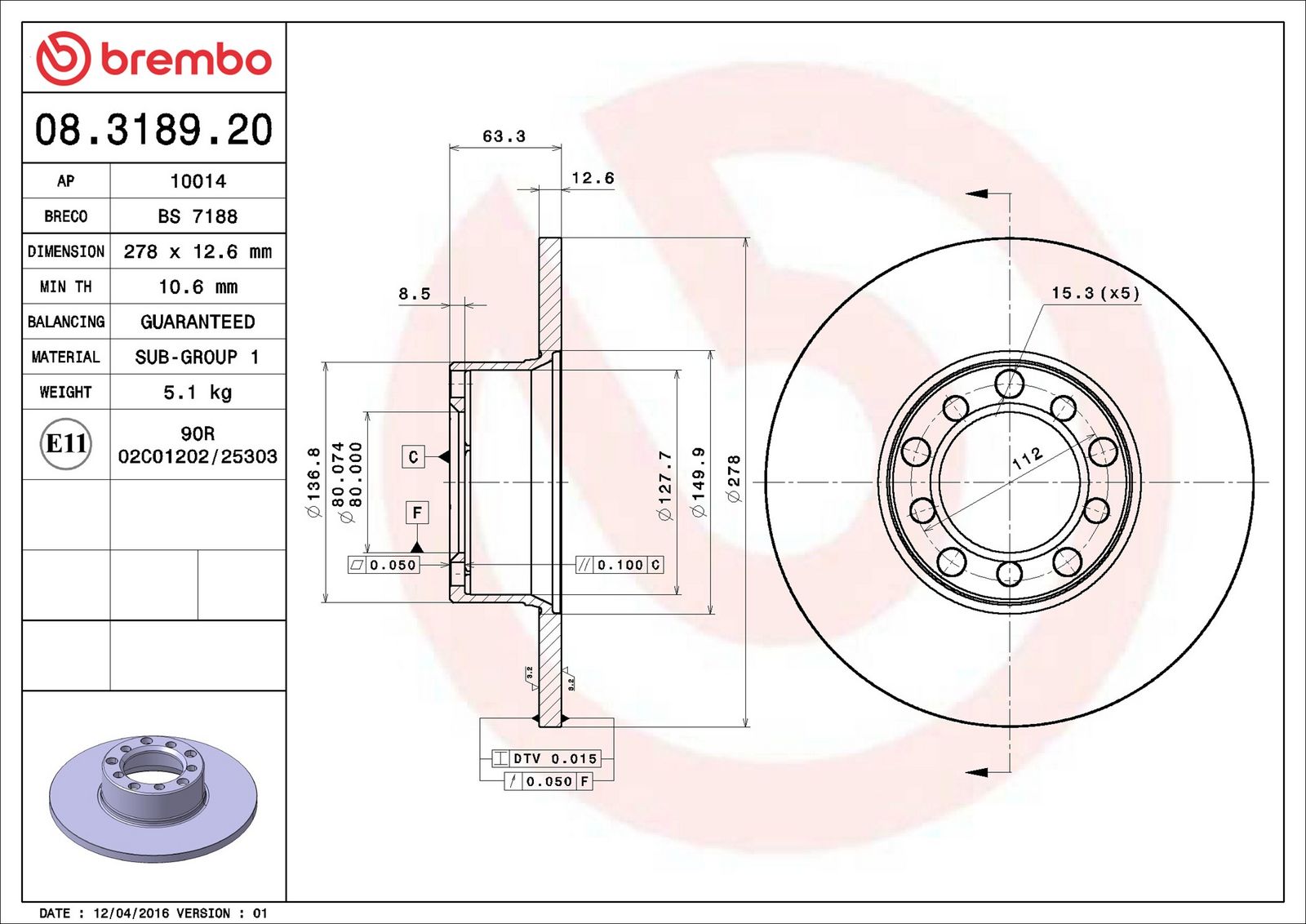 BREMBO 08.3189.20 - Bremsscheibe