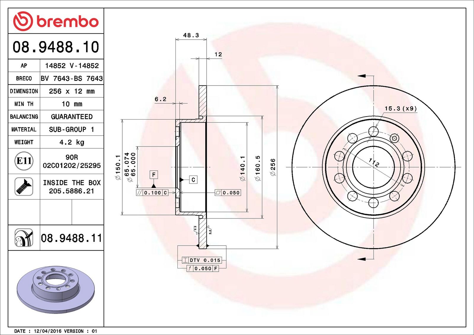 BREMBO 08.9488.11 - Bremsscheibe