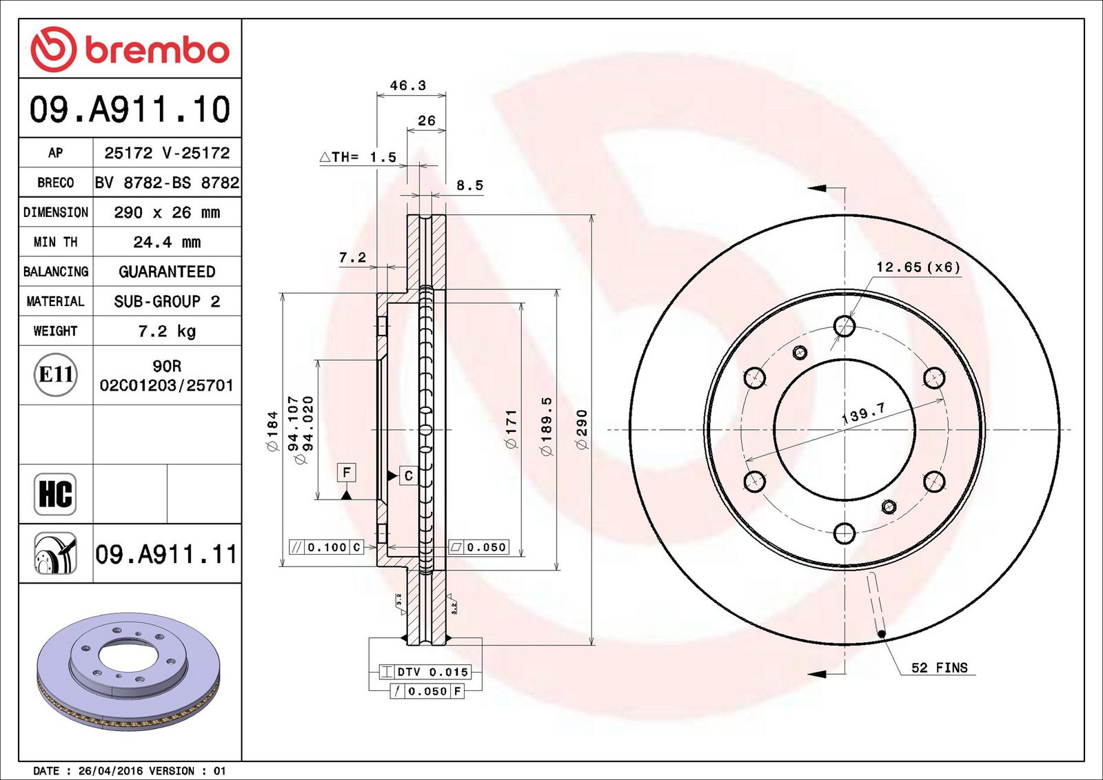 BREMBO 09.A911.11 - Bremsscheibe