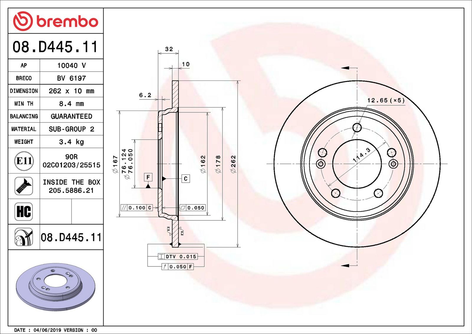 BREMBO 08.D445.11 - Bremsscheibe