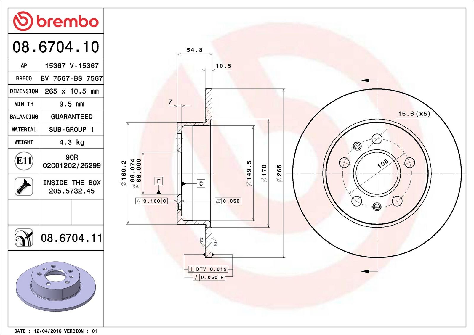 BREMBO 08.6704.11 - Bremsscheibe