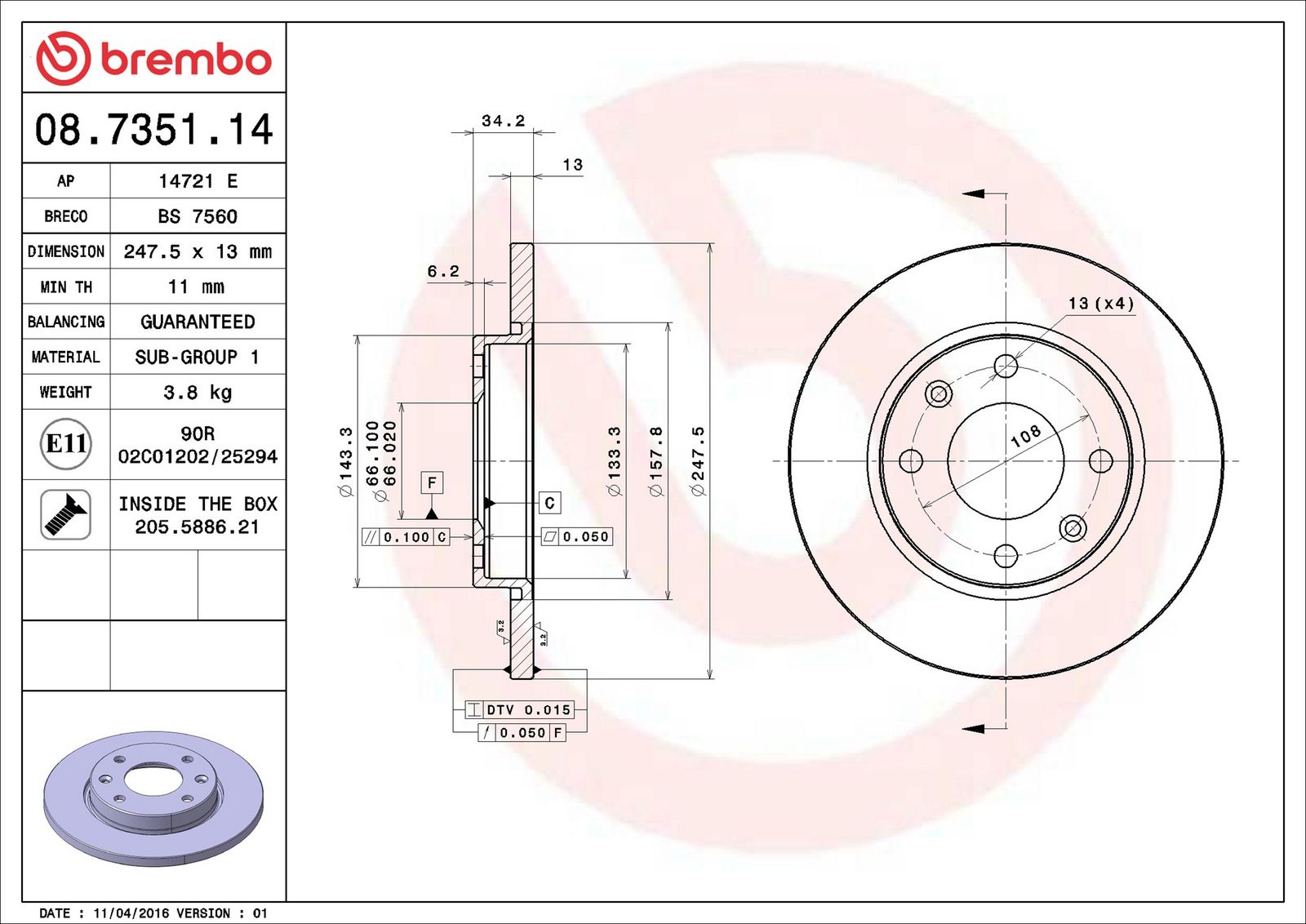 BREMBO 08.7351.14 - Bremsscheibe
