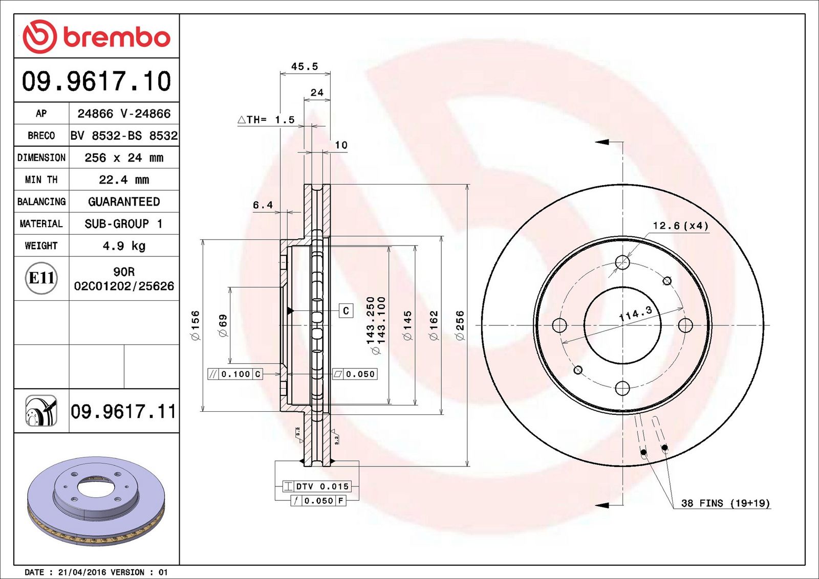 BREMBO 09.9617.11 - Bremsscheibe