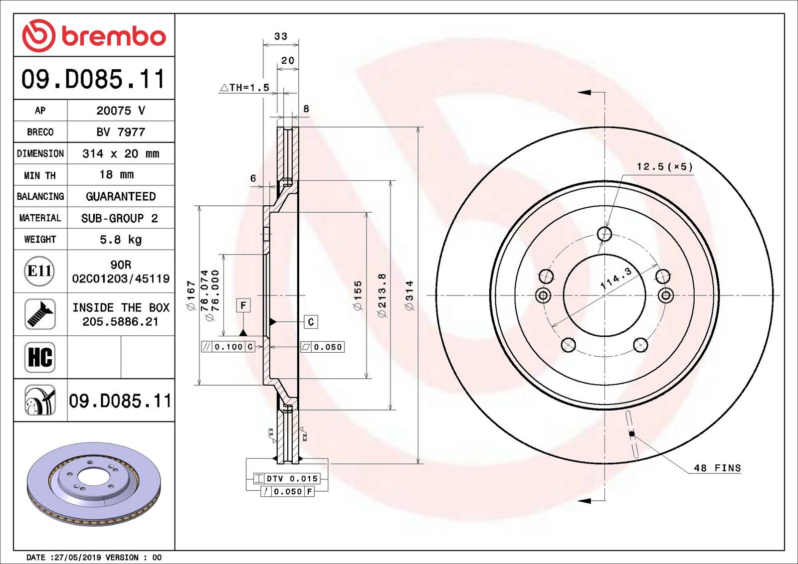 BREMBO 09.D085.11 - Bremsscheibe