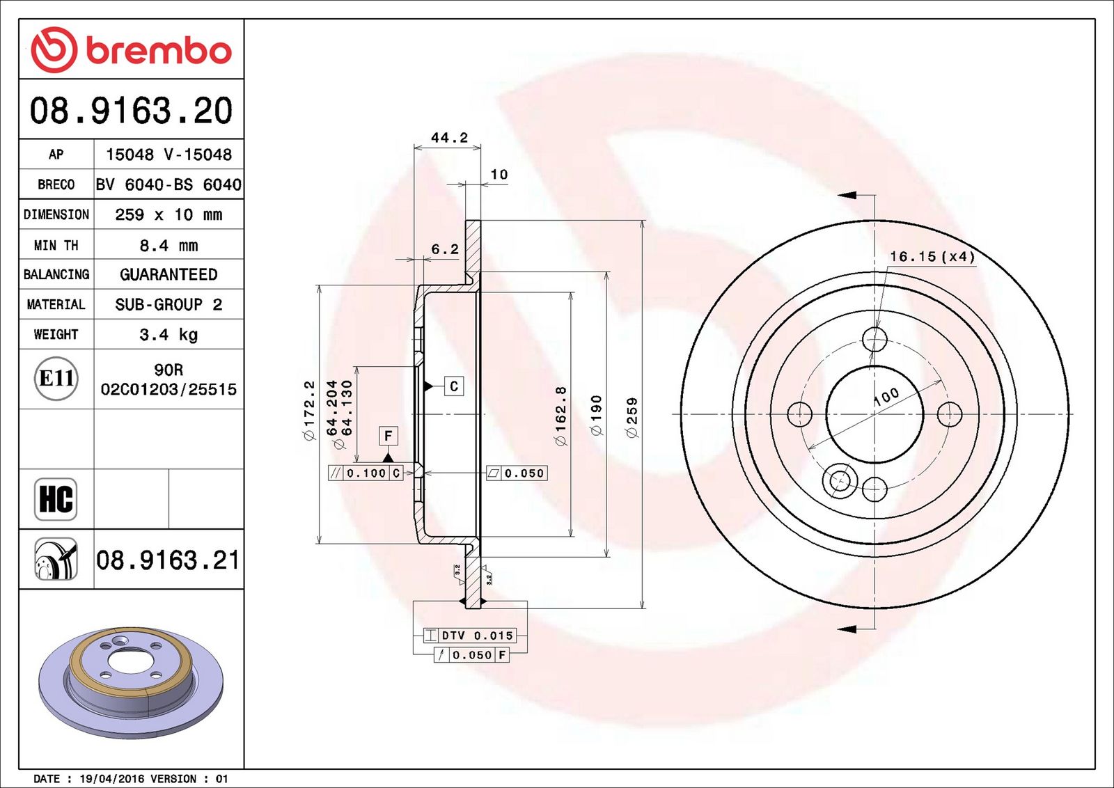 BREMBO 08.9163.21 - Bremsscheibe