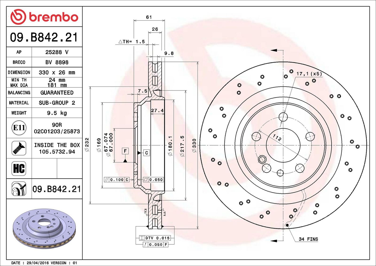 BREMBO 09.B842.21 - Bremsscheibe