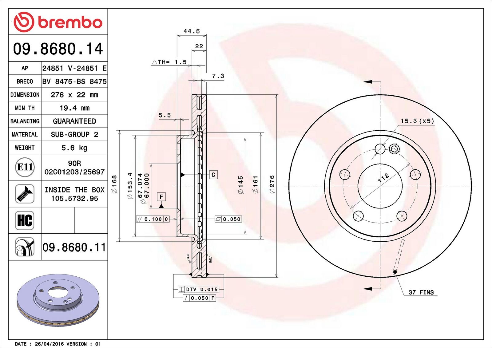BREMBO 09.8680.11 - Bremsscheibe