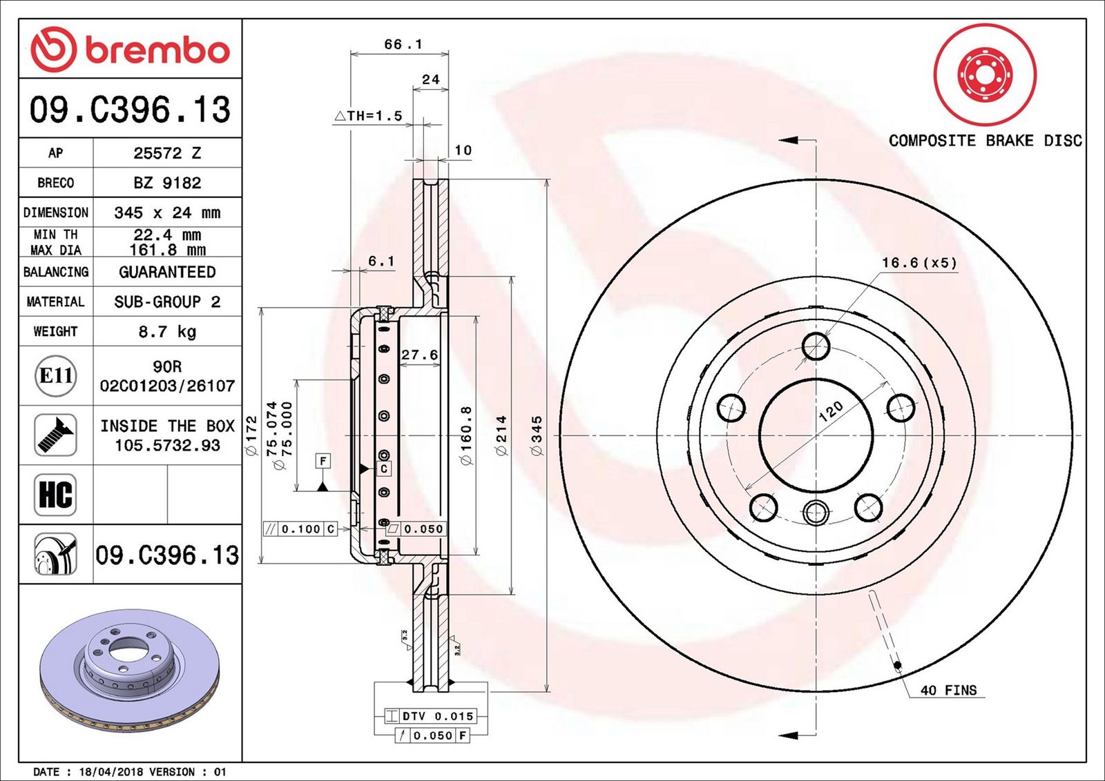 BREMBO 09.C396.13 - Bremsscheibe