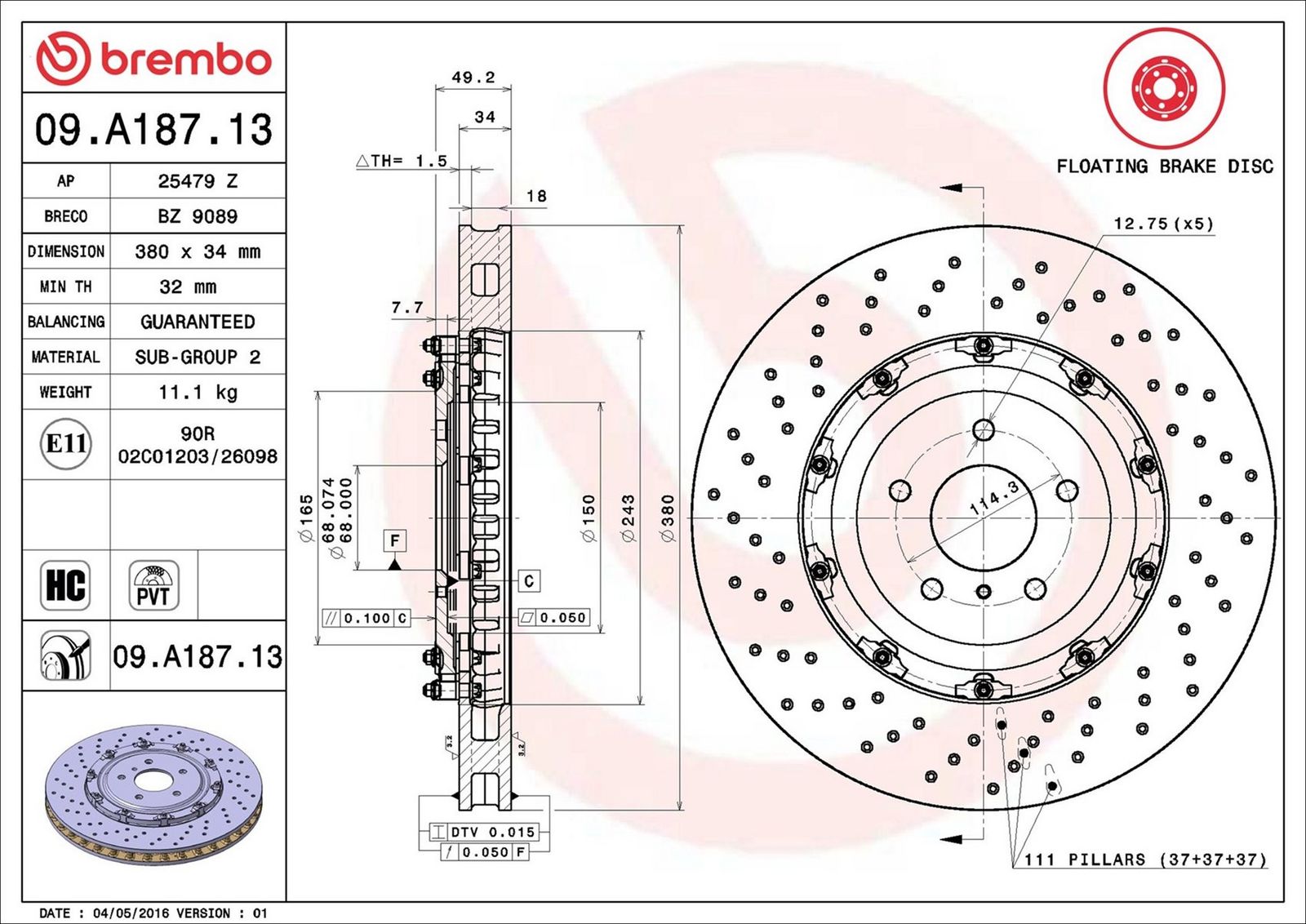 BREMBO 09.A187.13 - Bremsscheibe