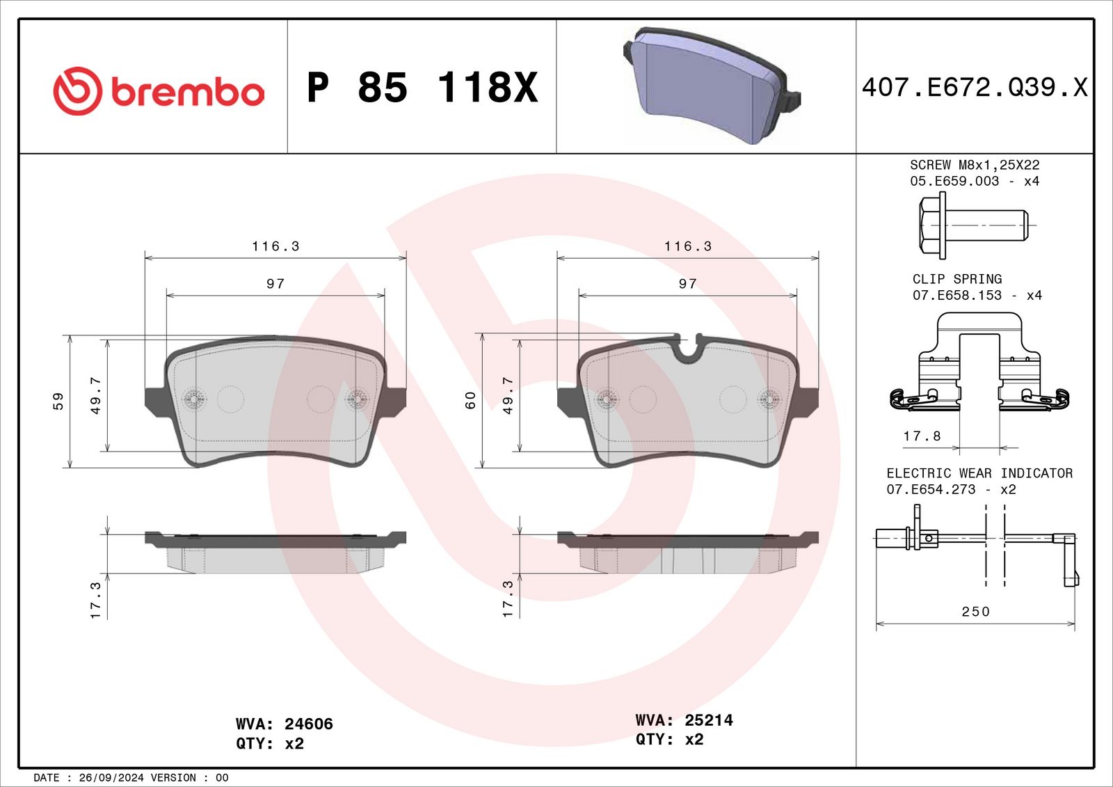 BREMBO P 85 118X - Bremsbelagsatz, Scheibenbremse