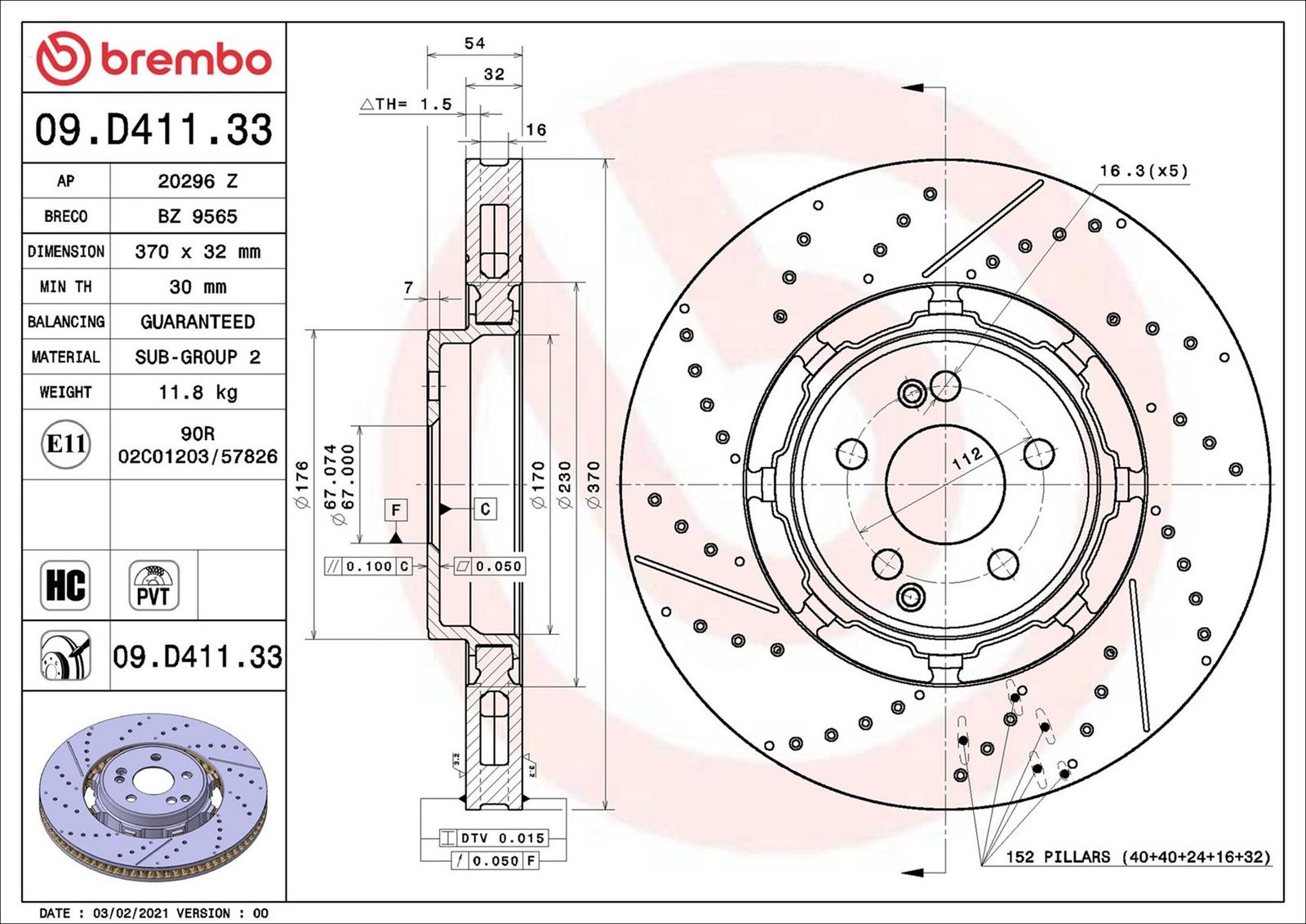 BREMBO 09.D411.33 - Bremsscheibe
