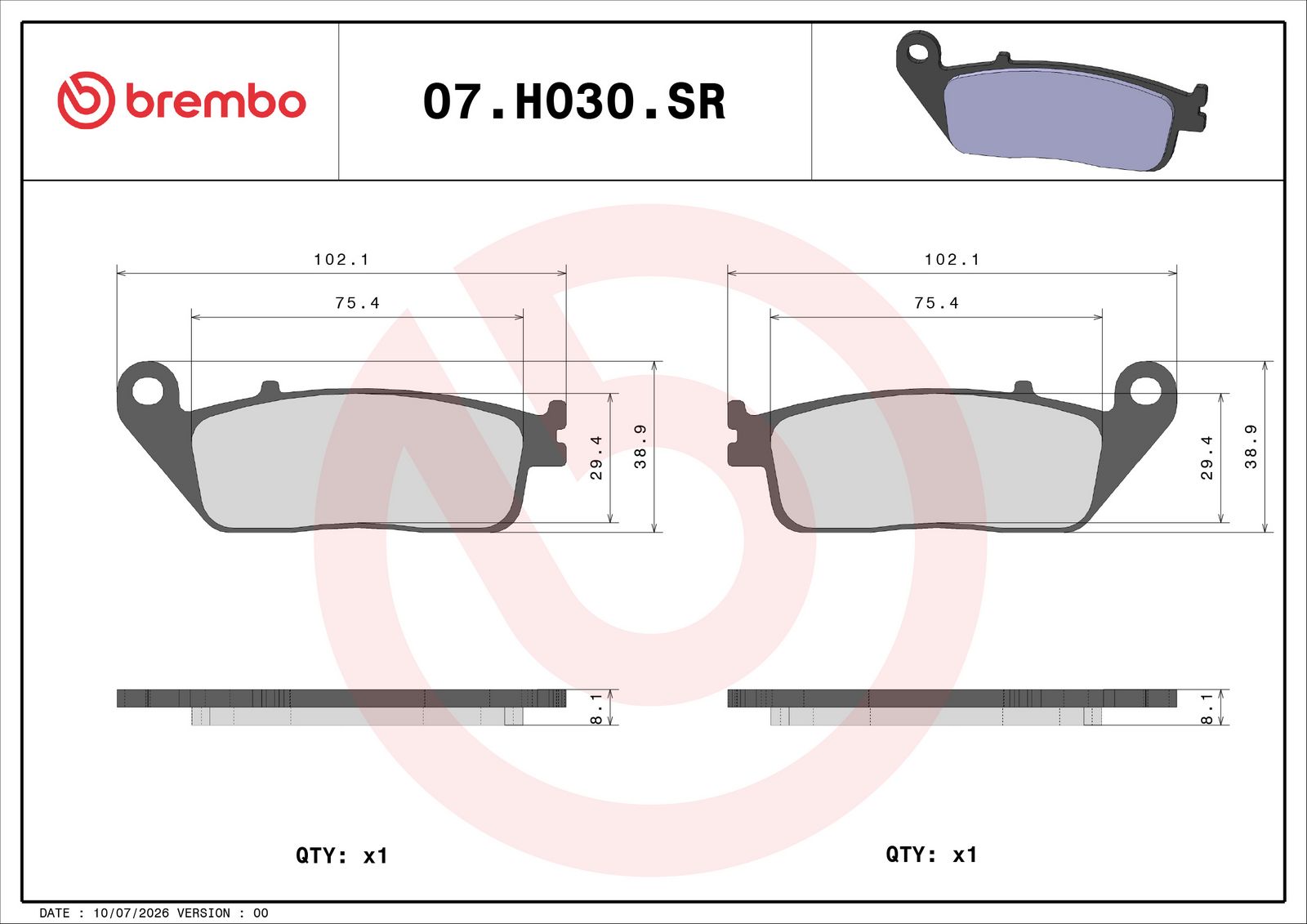 BREMBO 07HO30SR - Bremsbelagsatz, Scheibenbremse
