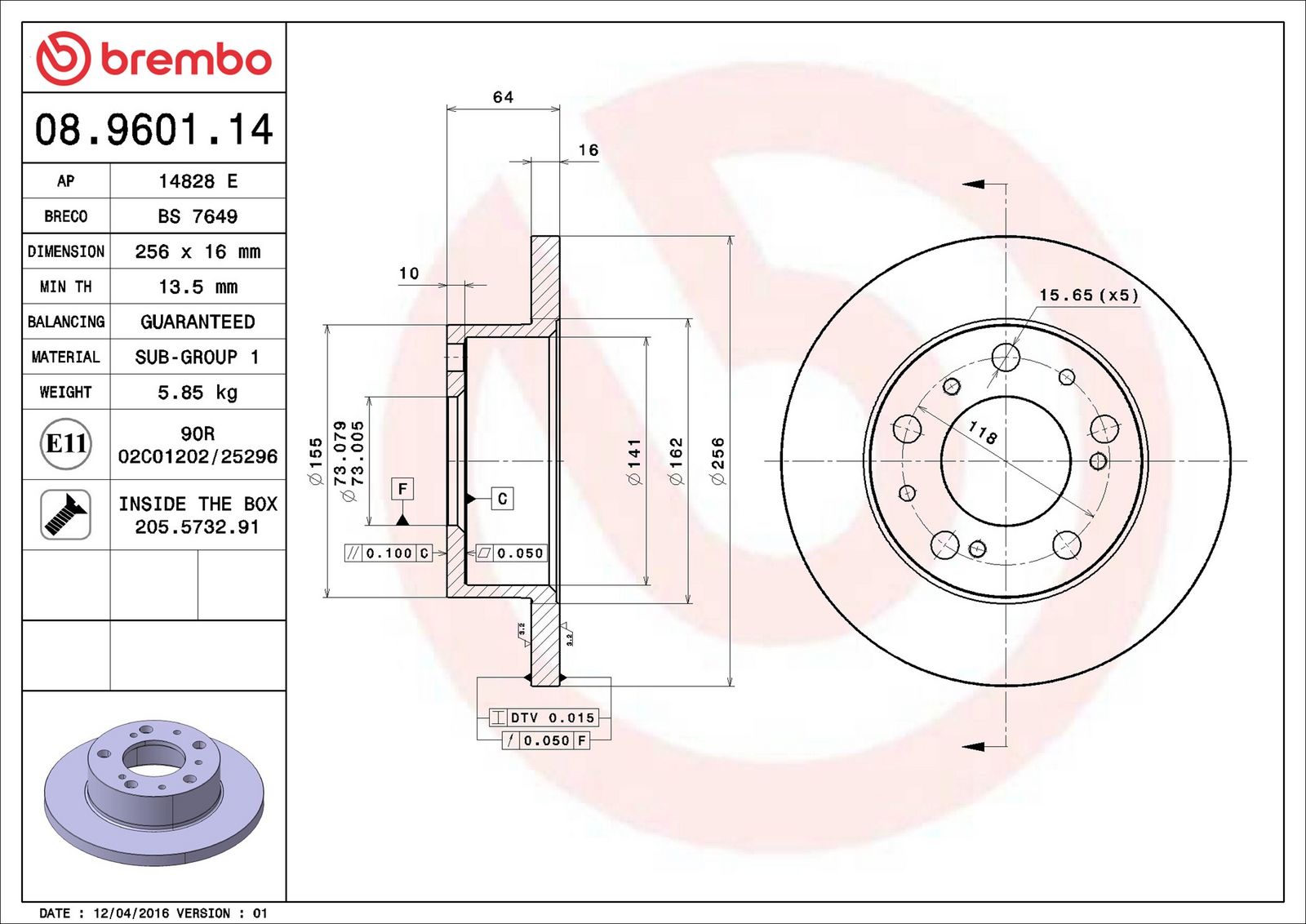 BREMBO 08.9601.14 - Bremsscheibe
