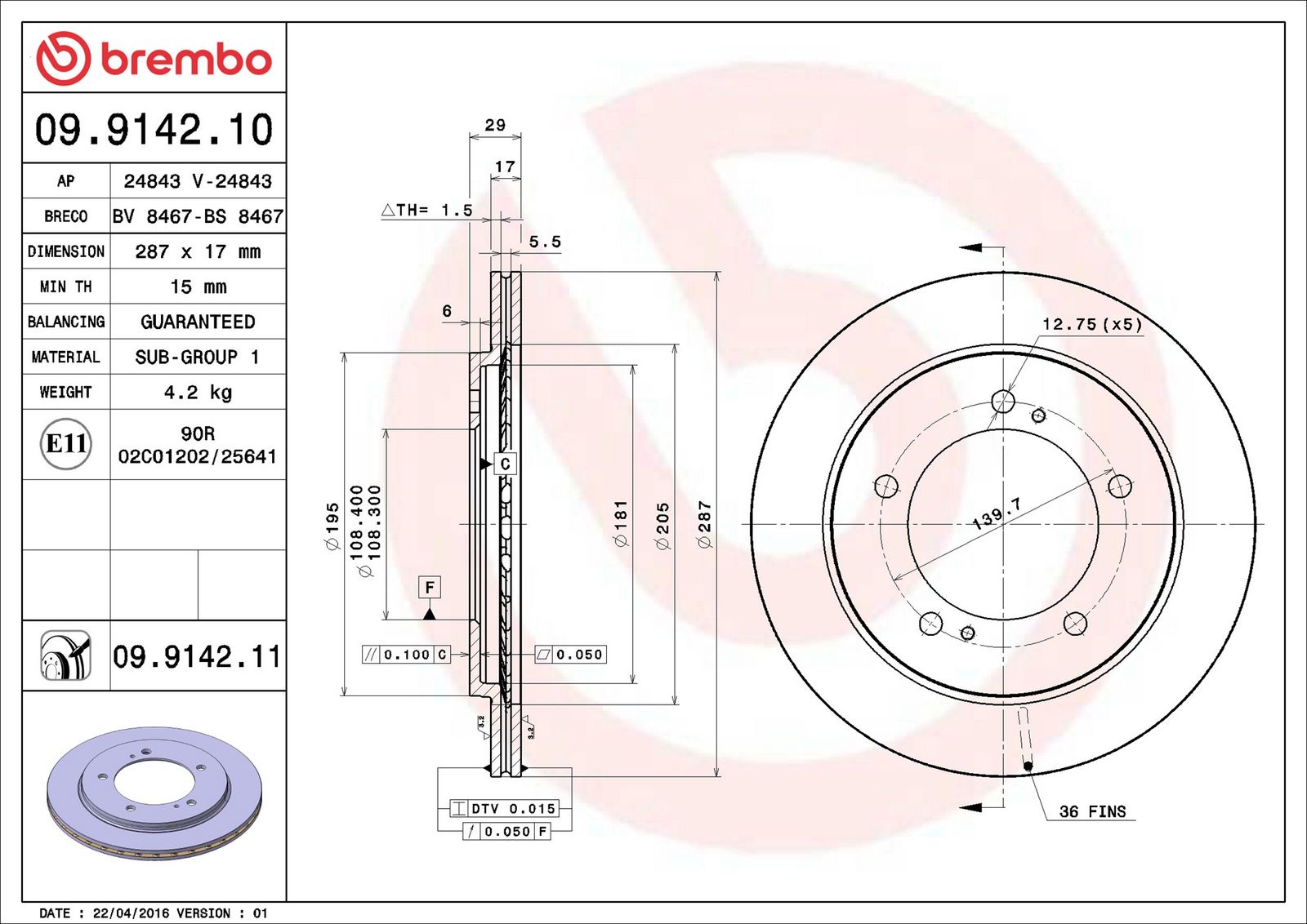 BREMBO 09.9142.10 - Bremsscheibe